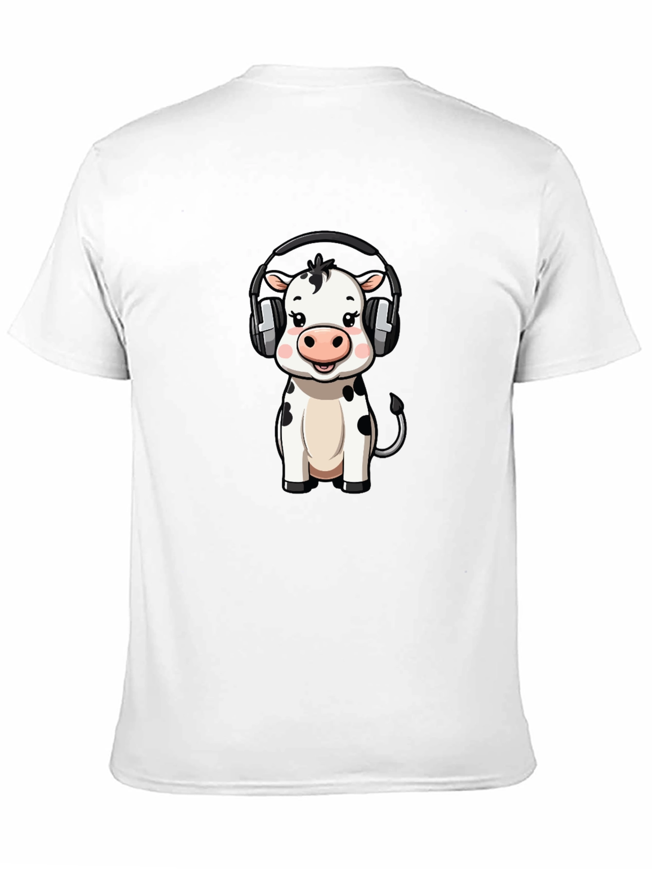 Cute Cow with Headphones Graphic Tee - Black Cotton