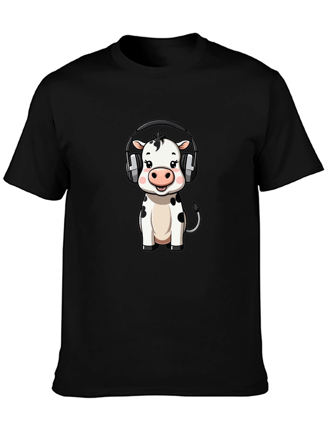 Cute Cow with Headphones Graphic Tee - Black Cotton