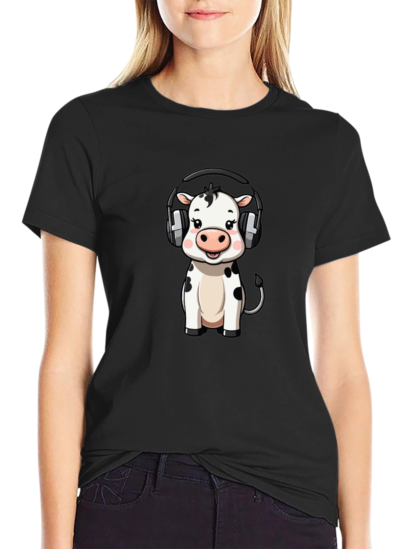 Cute Cow with Headphones Graphic Tee - Black Cotton