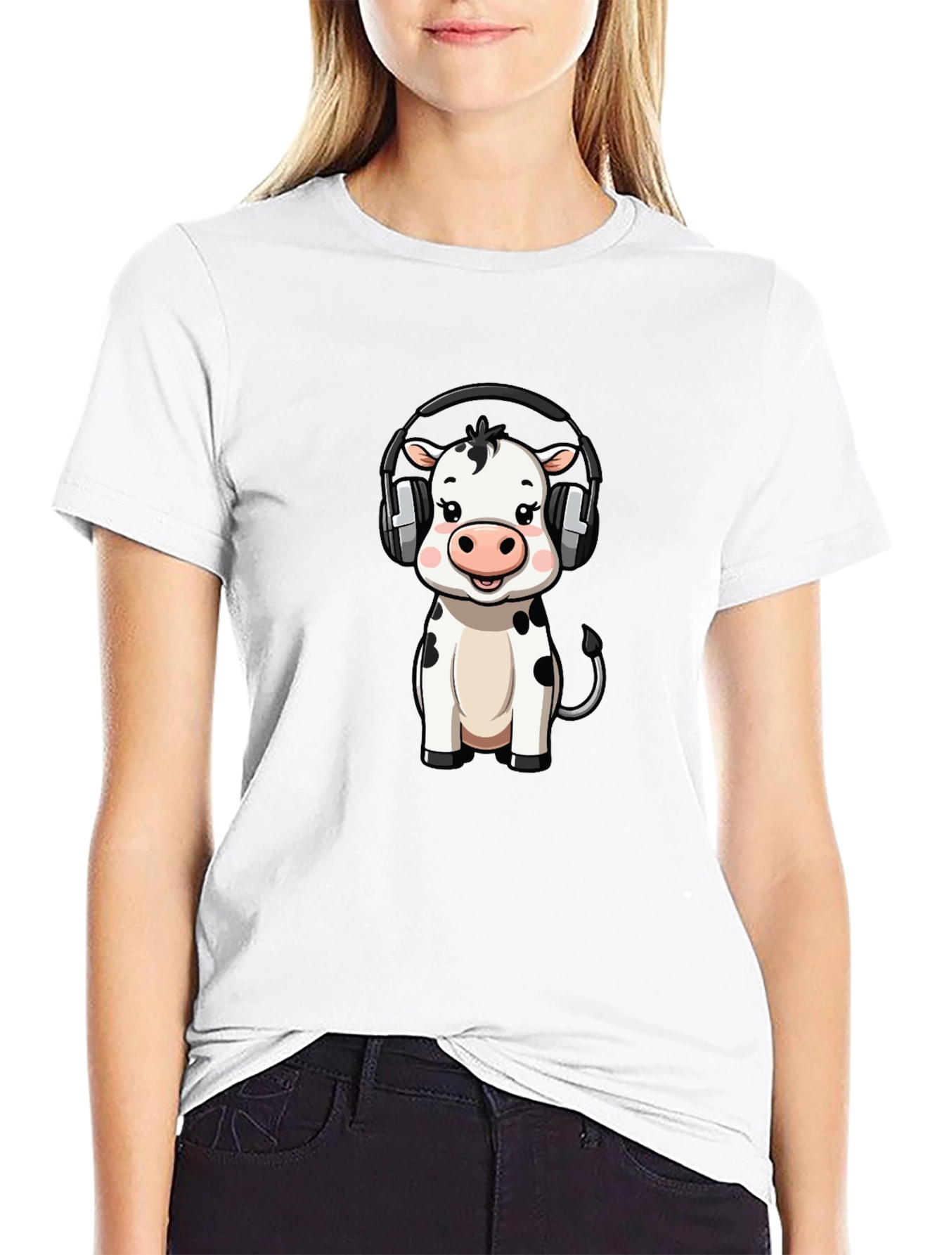 Cute Cow with Headphones Graphic Tee - Black Cotton