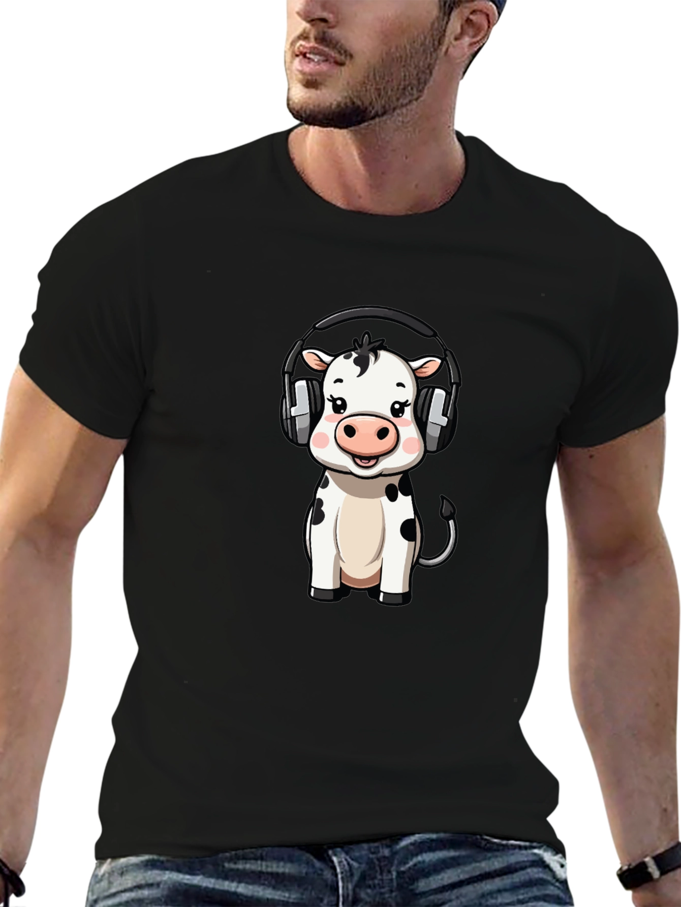 Cute Cow with Headphones Graphic Tee - Black Cotton