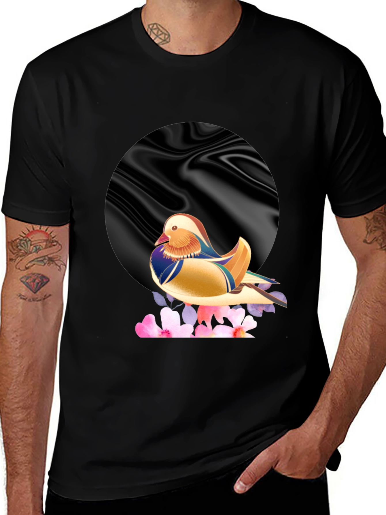 Mandarin Duck Graphic Tee - Stylish Mens Black T-Shirt