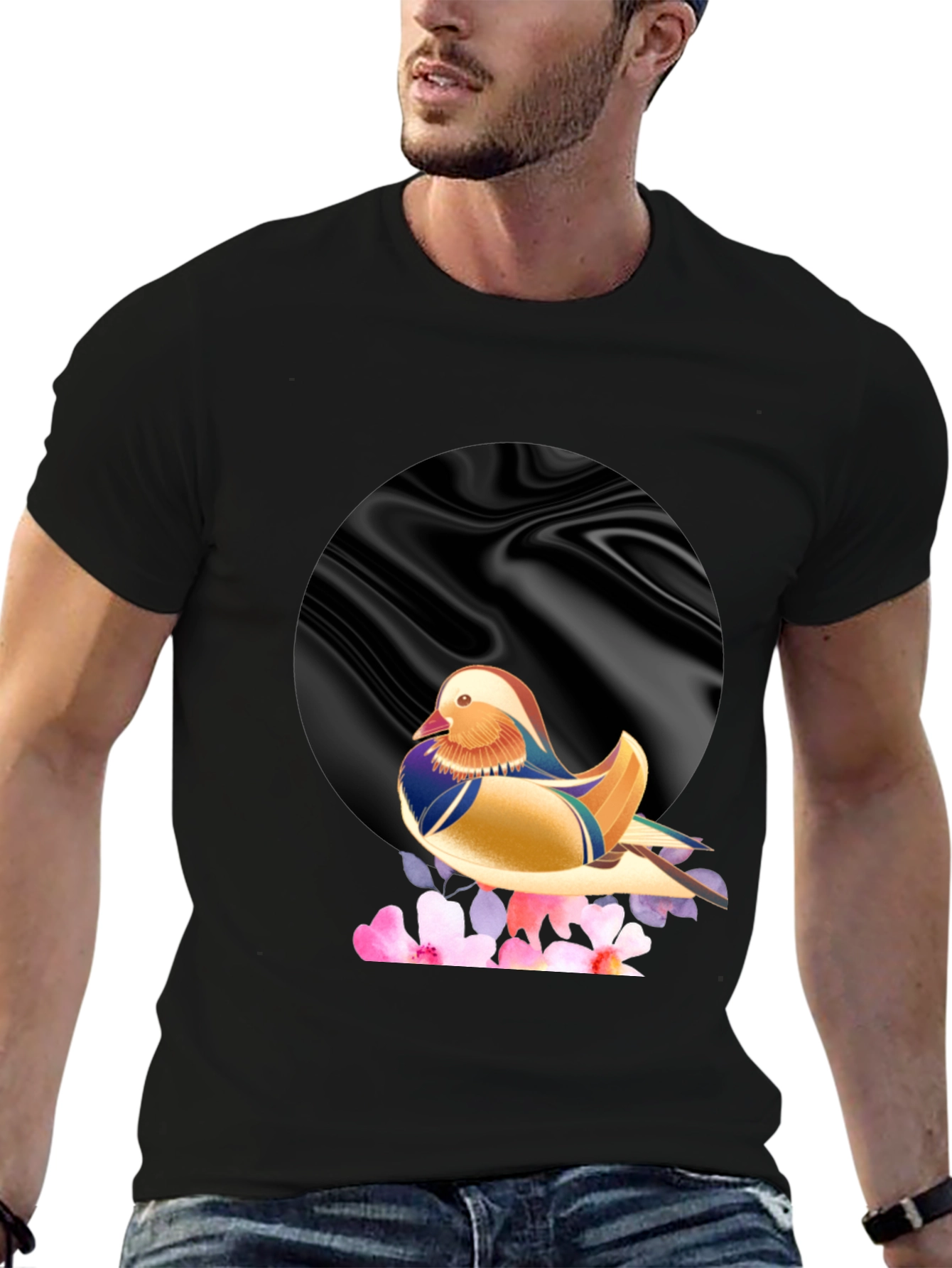 Mandarin Duck Graphic Tee - Stylish Mens Black T-Shirt