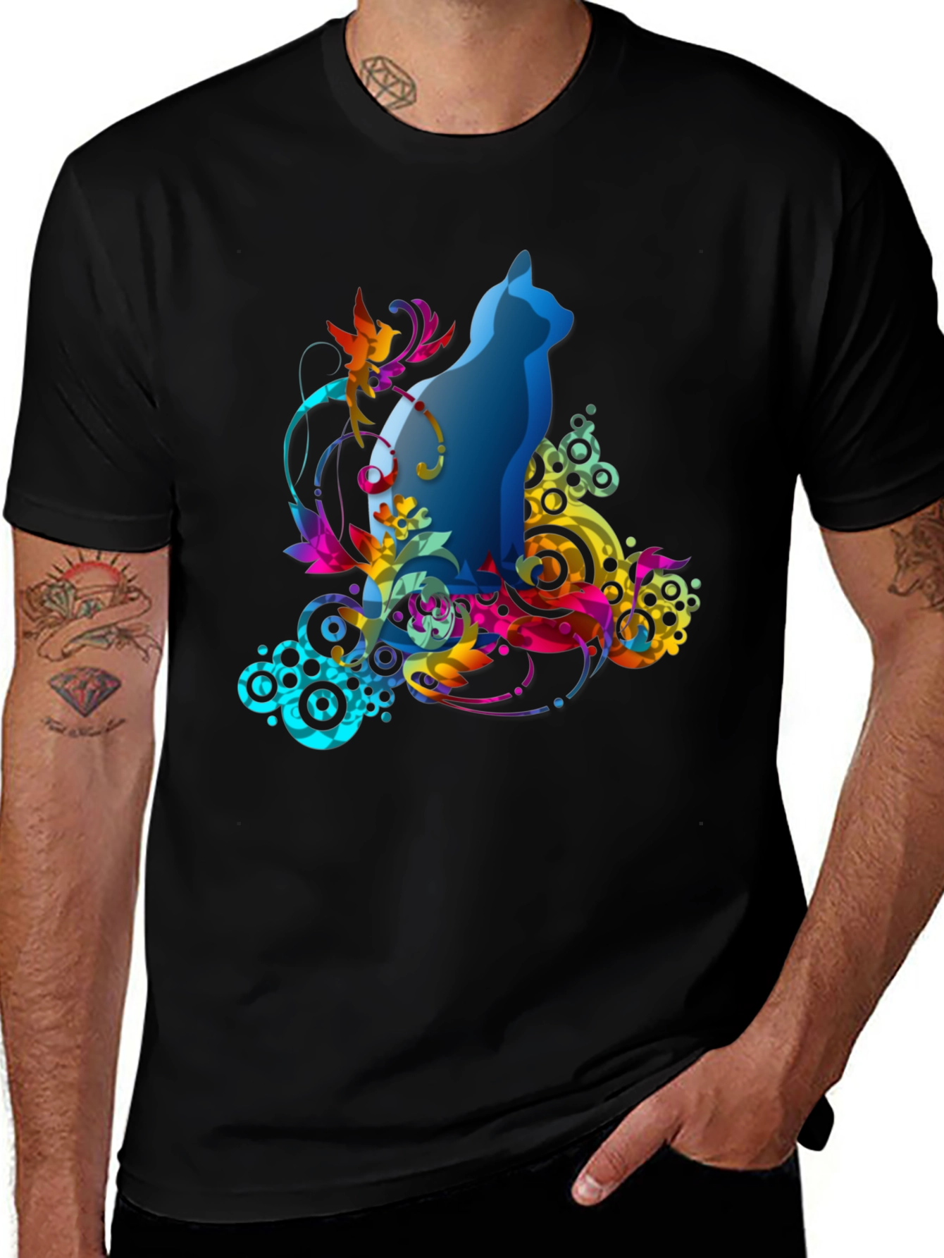 Abstract Cat Graphic Tee - Mens Black T-Shirt