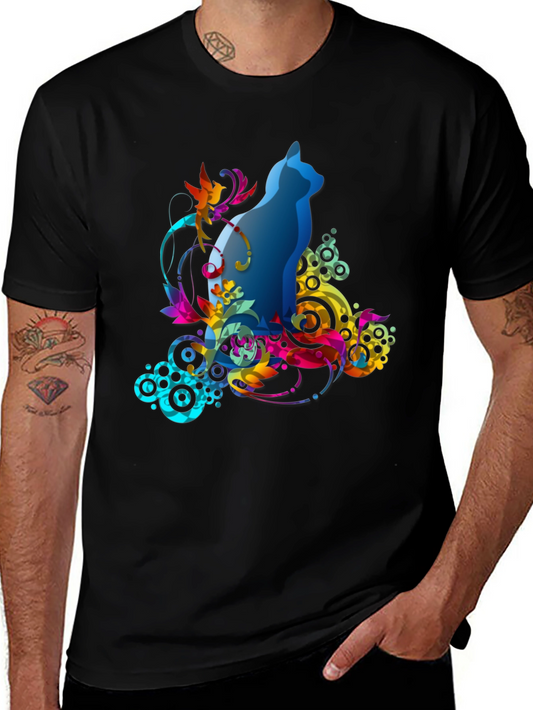 Abstract Cat Graphic Tee - Mens Black T-Shirt