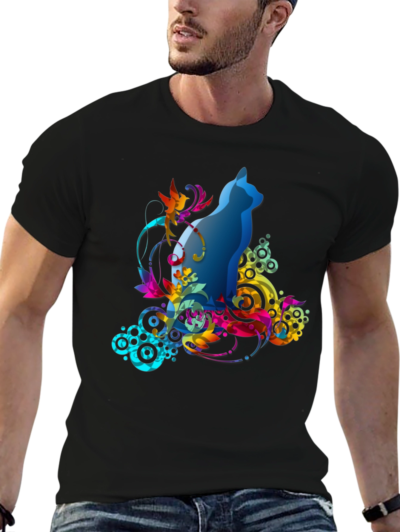 Abstract Cat Graphic Tee - Mens Black T-Shirt