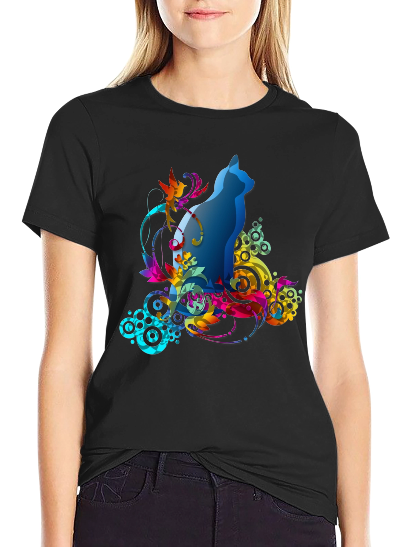 Abstract Cat Graphic Tee - Mens Black T-Shirt