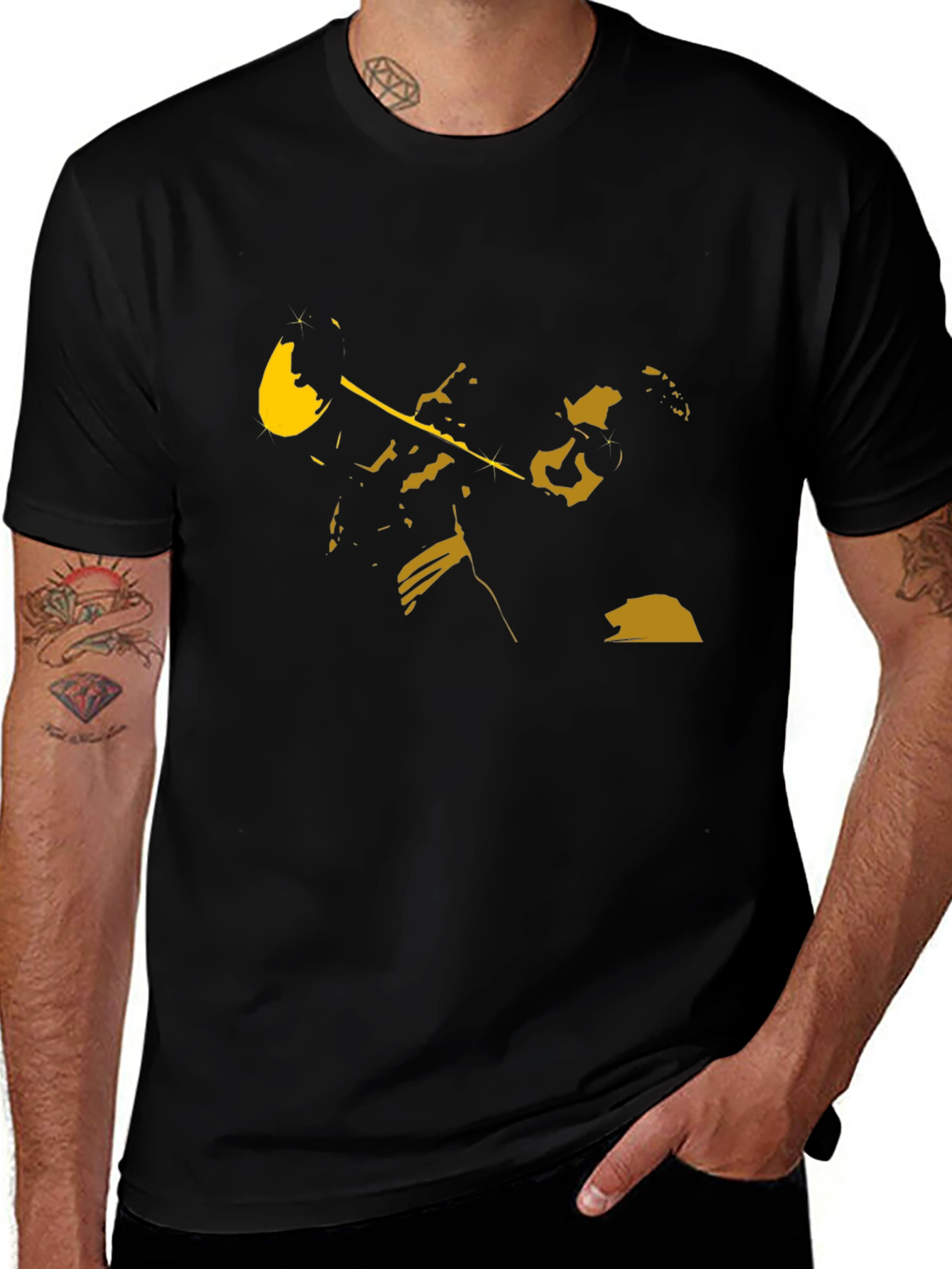 Black T-Shirt with Golden Trumpet Player Design