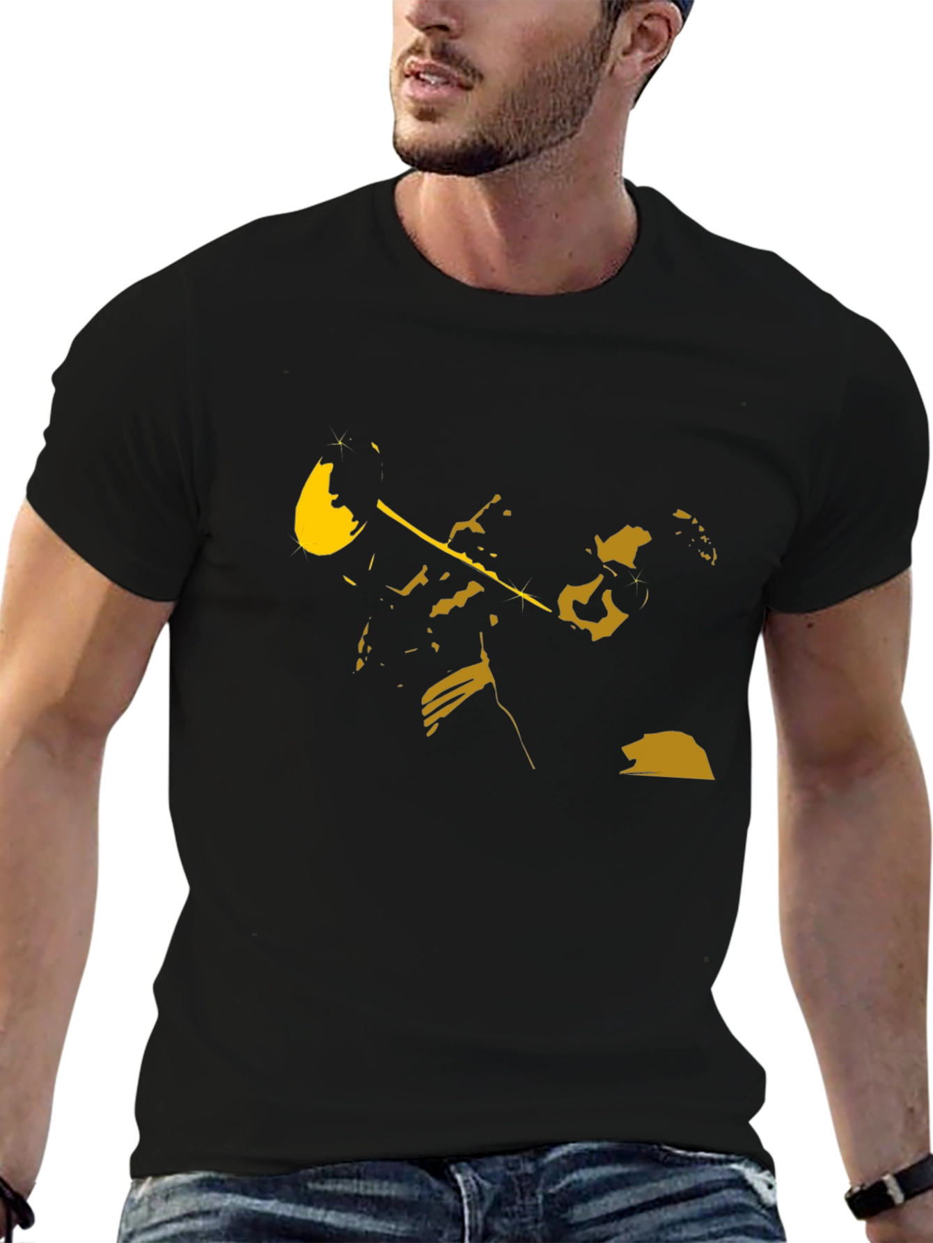 Black T-Shirt with Golden Trumpet Player Design