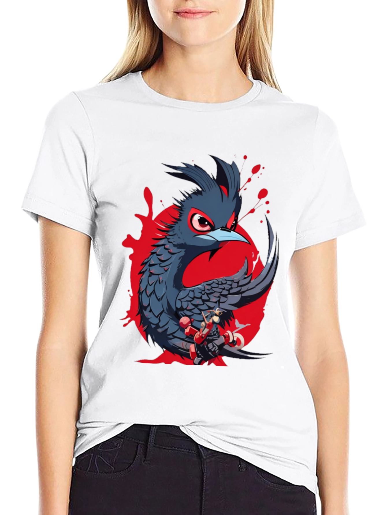 Mens Black T-Shirt with Bird and Robot Print