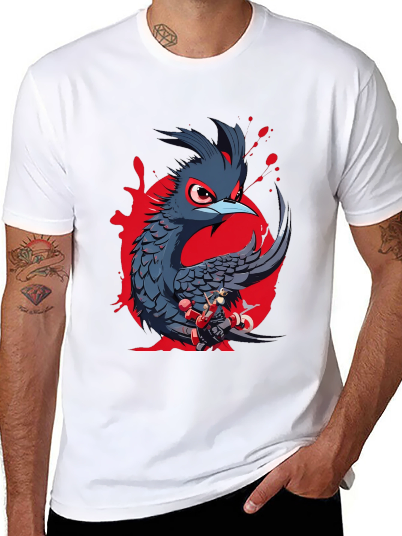 Mens Black T-Shirt with Bird and Robot Print