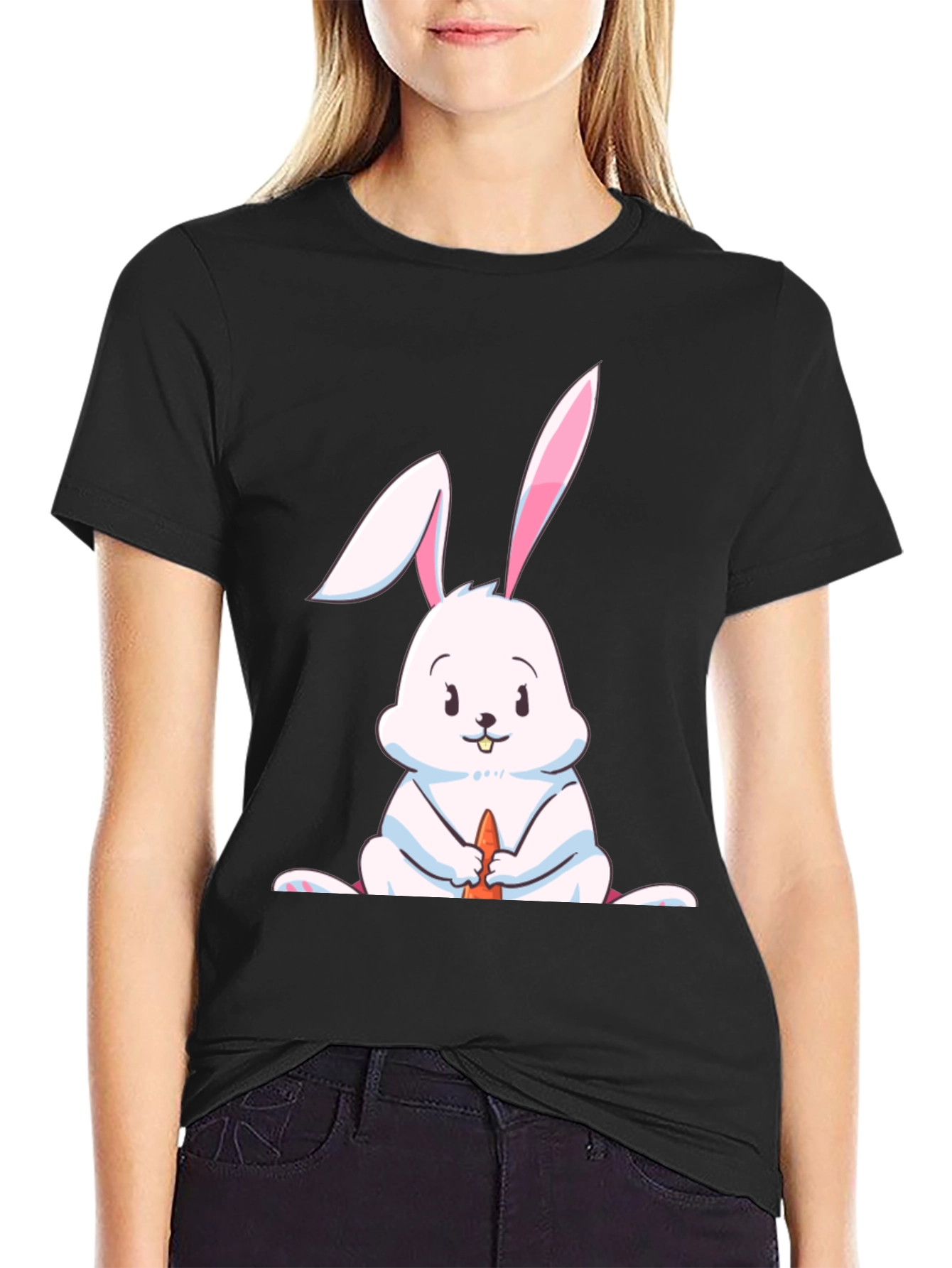 Cute Rabbit Graphic Tee - Black Cotton Blend