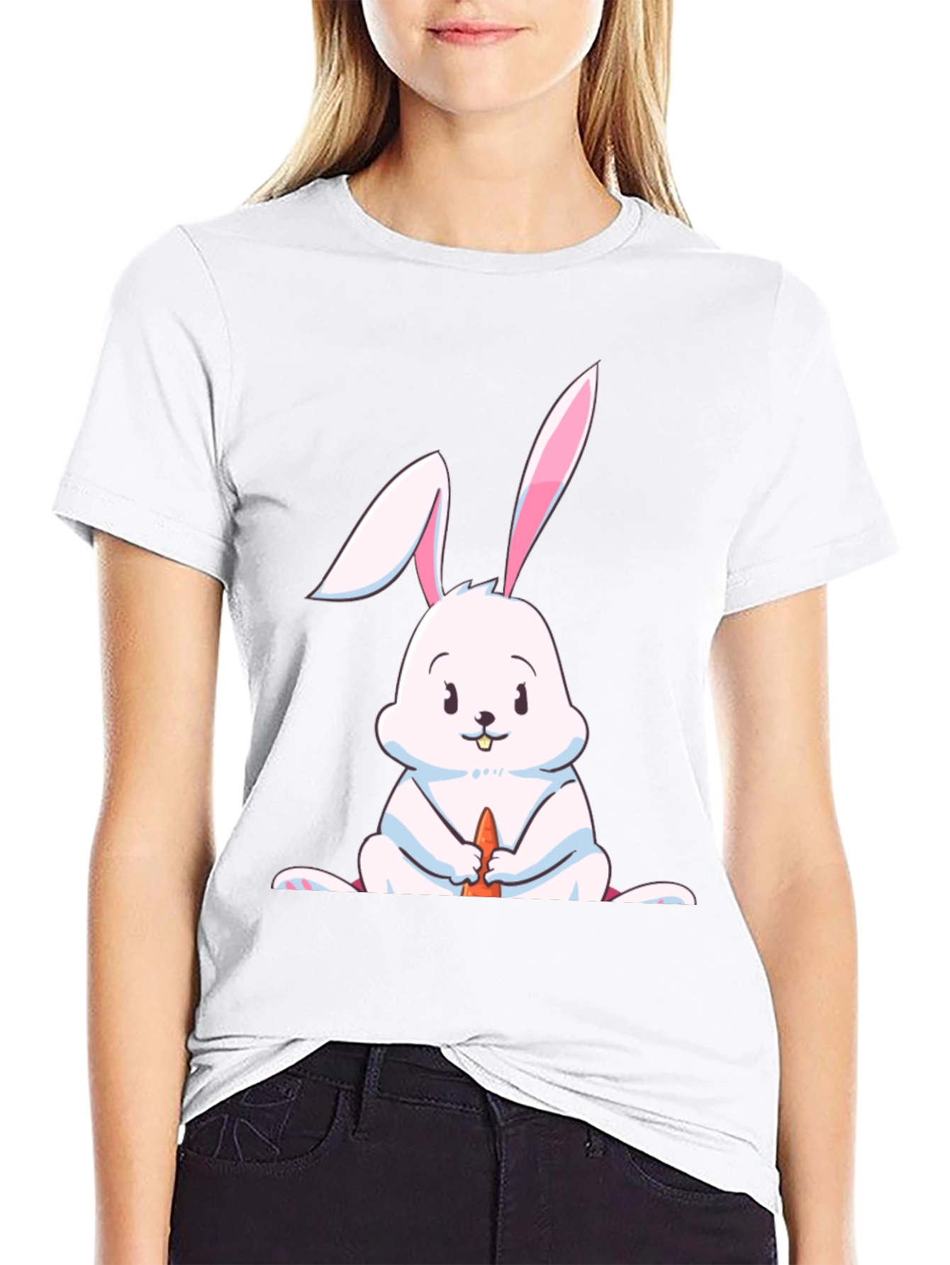 Cute Rabbit Graphic Tee - Black Cotton Blend