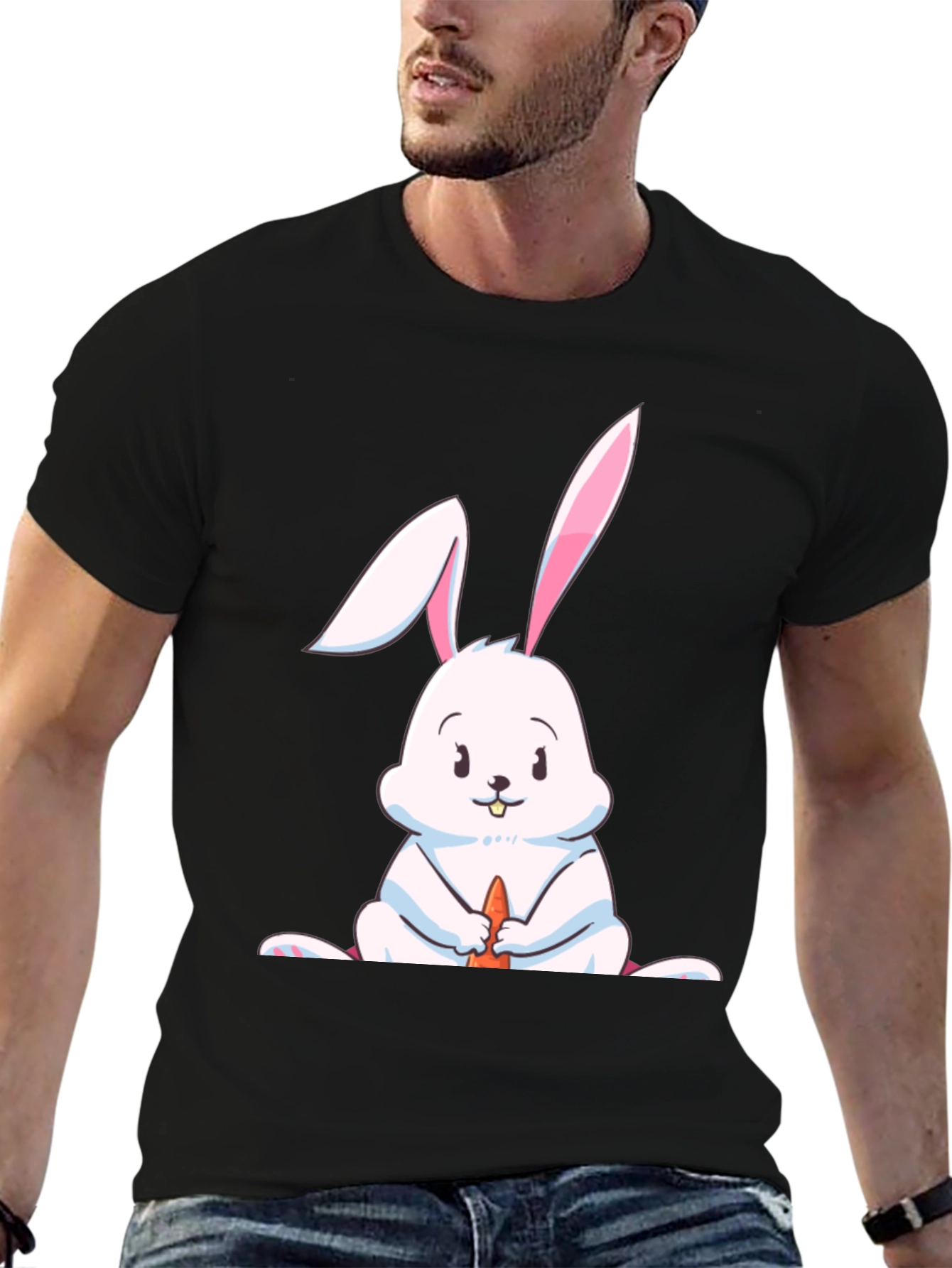 Cute Rabbit Graphic Tee - Black Cotton Blend