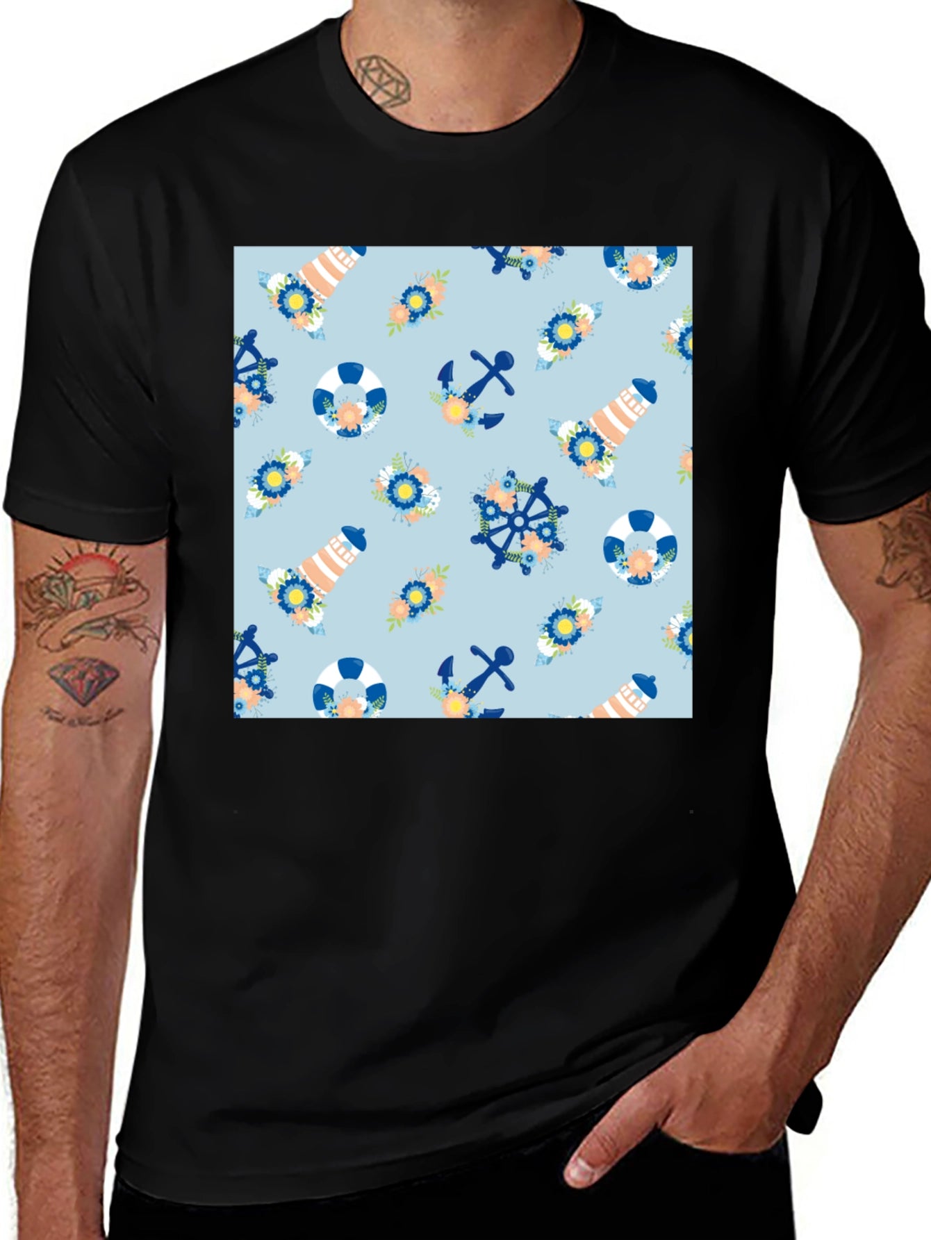 Nautical Pattern Black T-Shirt