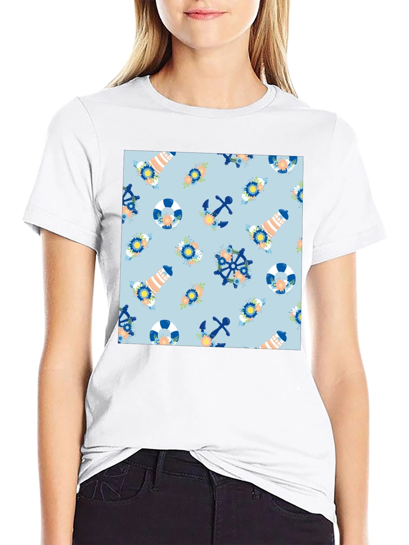 Nautical Pattern Black T-Shirt
