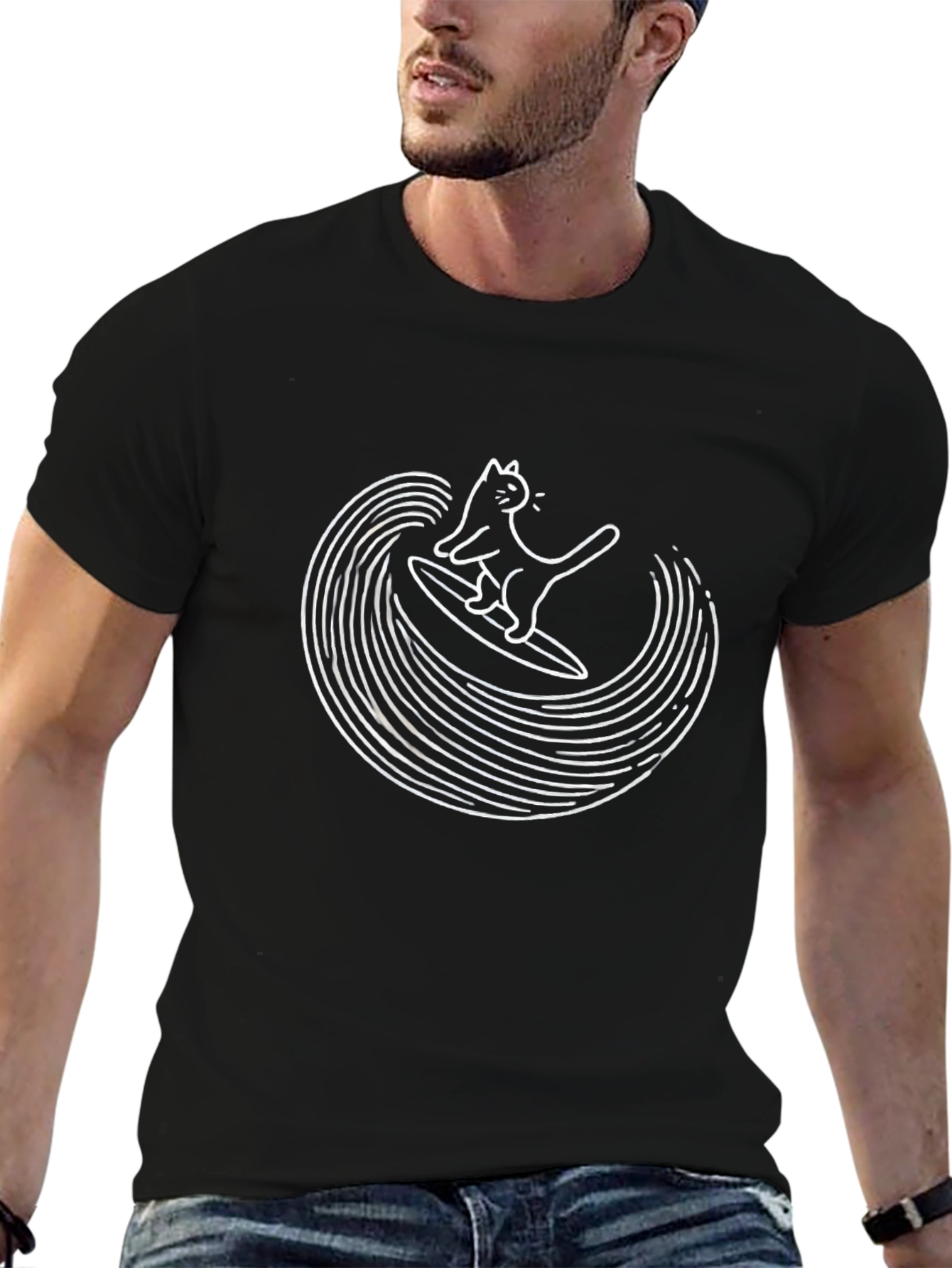 Cool Cat Surfing Wave Graphic T-Shirt