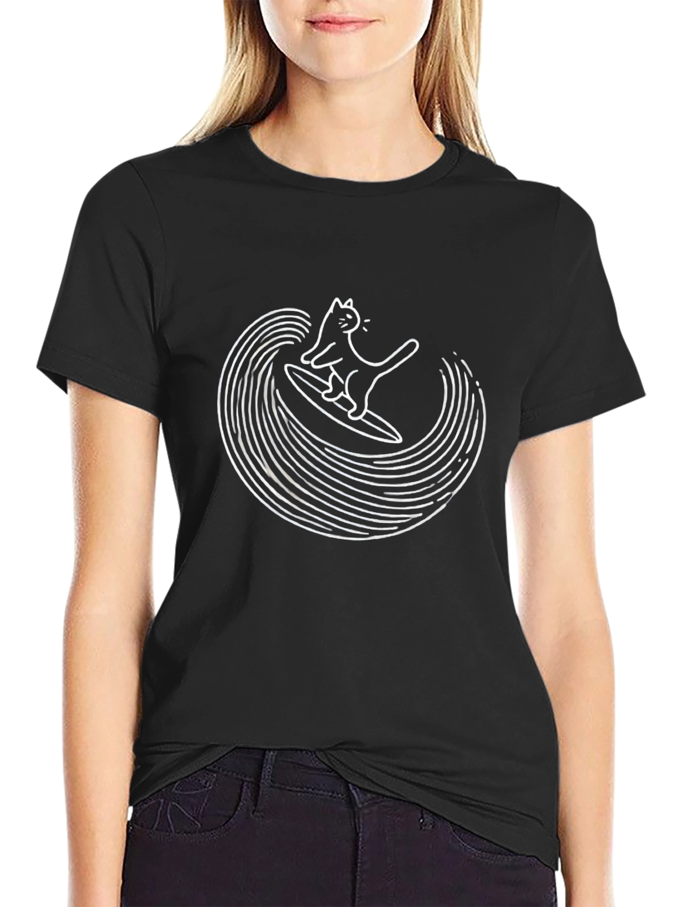 Cool Cat Surfing Wave Graphic T-Shirt