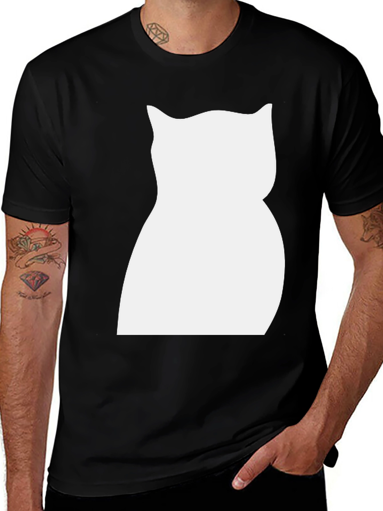 Cat Silhouette Graphic Tee - Black Cotton Shirt