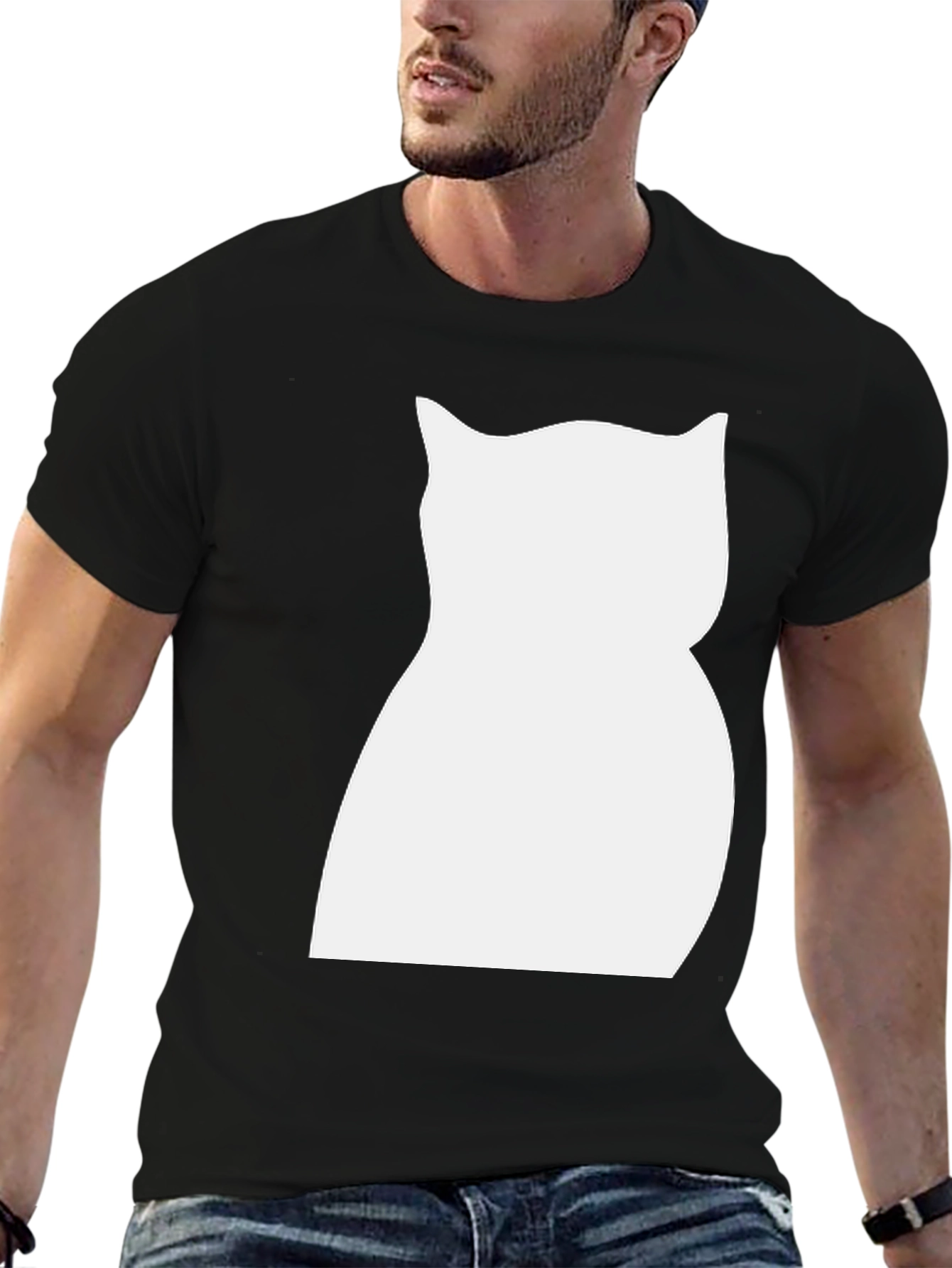 Cat Silhouette Graphic Tee - Black Cotton Shirt