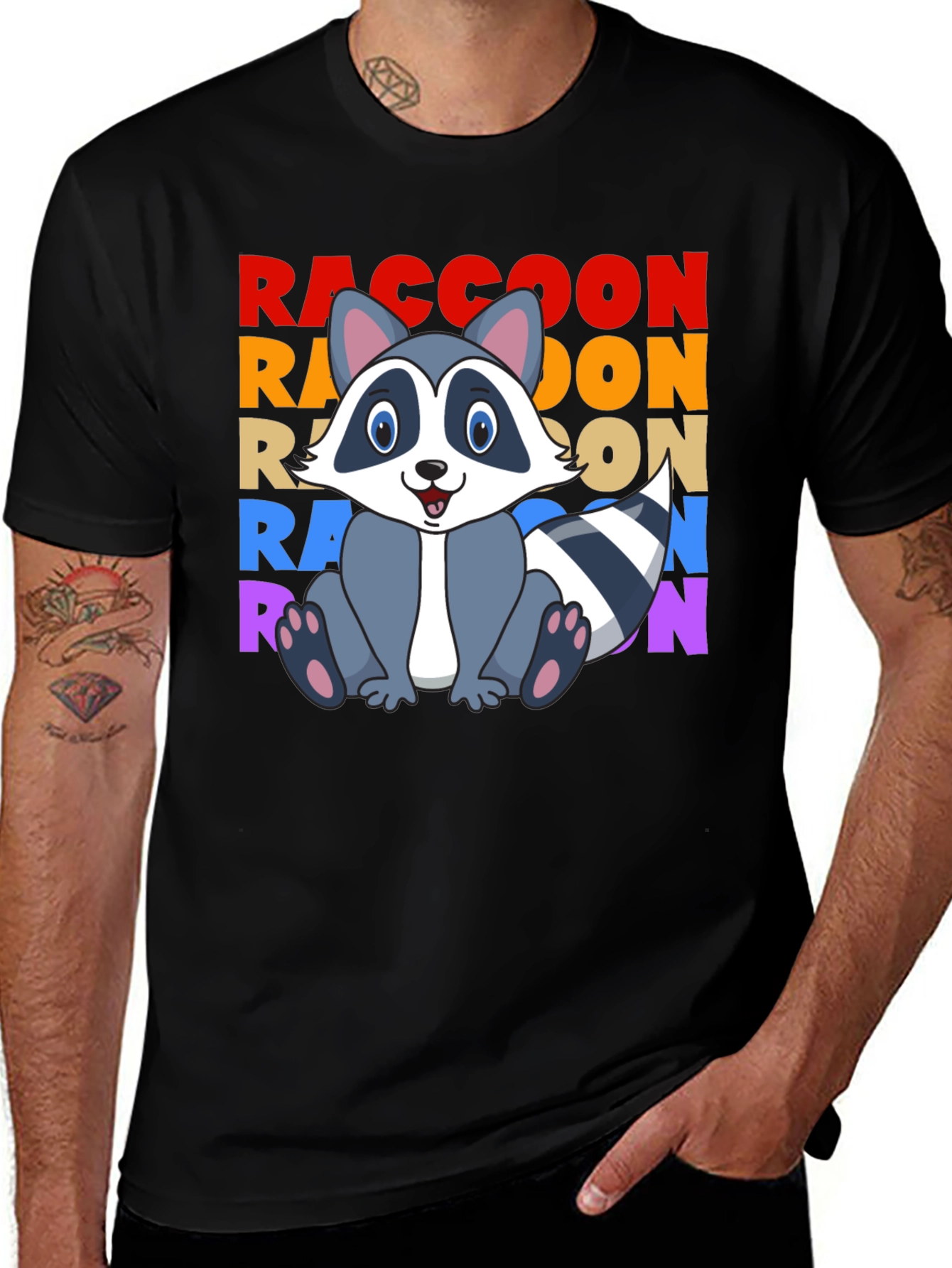 Raccoon Cartoon Graphic Tee - Unisex Black T-Shirt