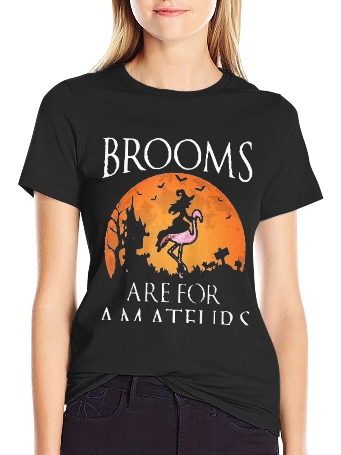 Brooms Are For Amateurs Funny Halloween Flamingo T-Shirt