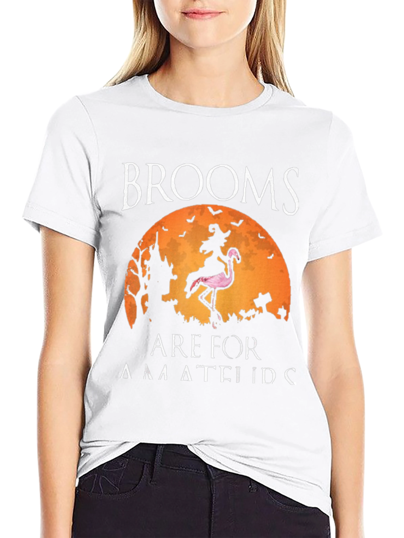 Brooms Are For Amateurs Funny Halloween Flamingo T-Shirt