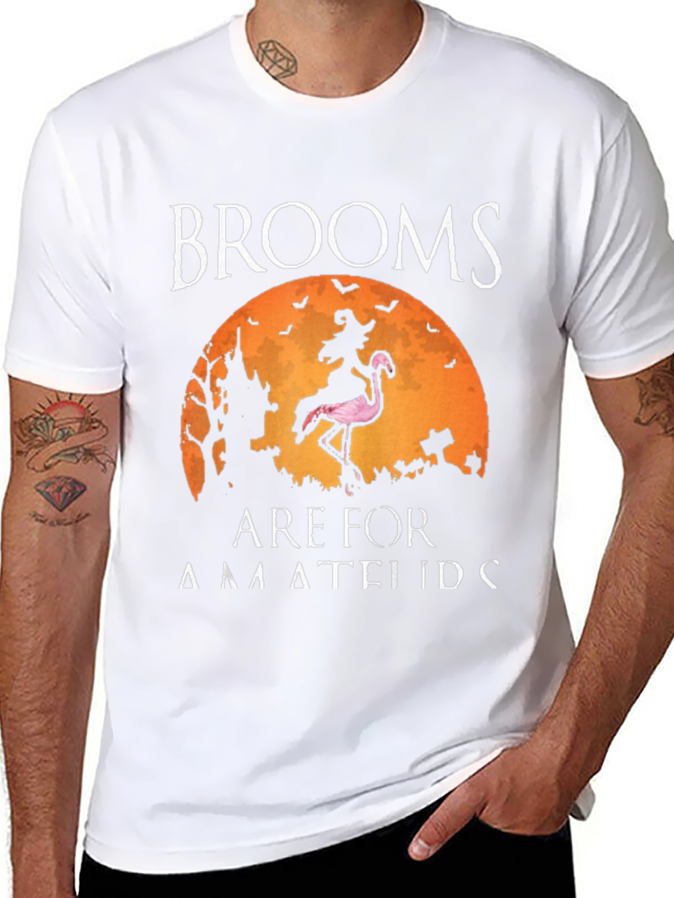 Brooms Are For Amateurs Funny Halloween Flamingo T-Shirt