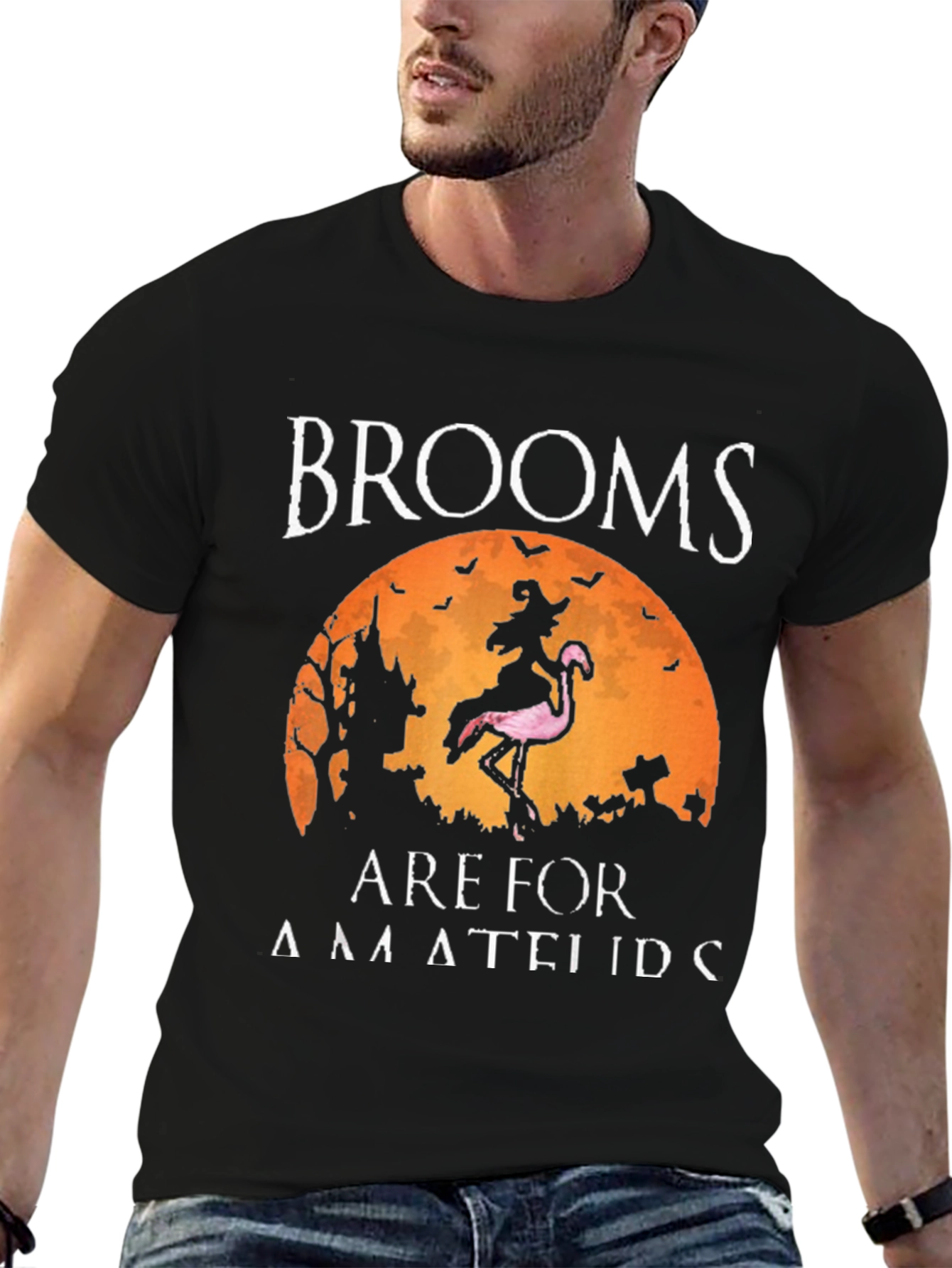 Brooms Are For Amateurs Funny Halloween Flamingo T-Shirt