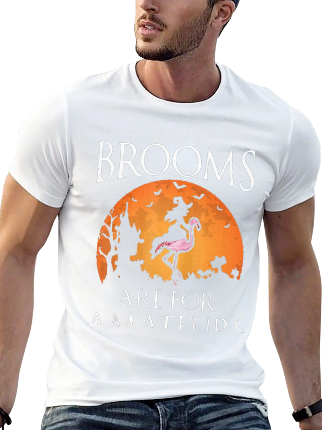Brooms Are For Amateurs Funny Halloween Flamingo T-Shirt