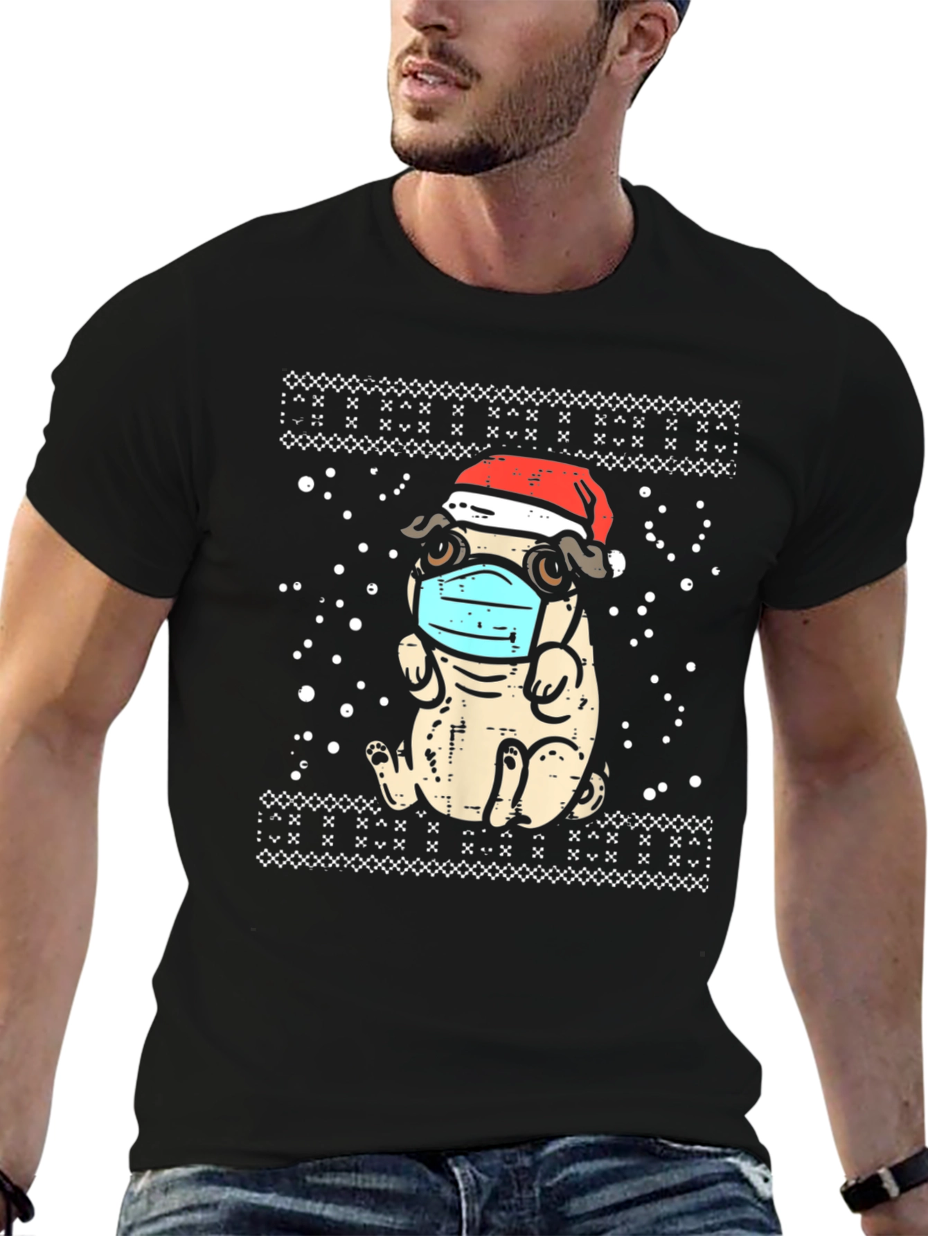 Festive Pug in Mask Holiday Tee