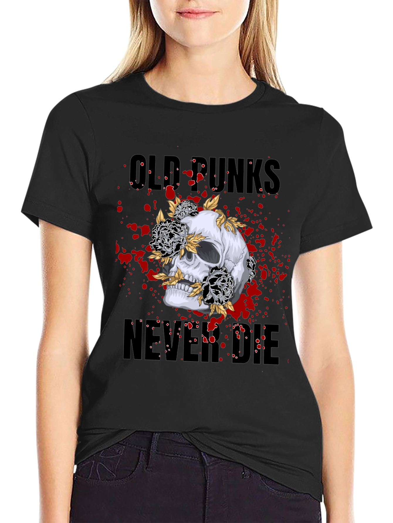Skull & Flowers Old Punks Never Die Graphic Tee