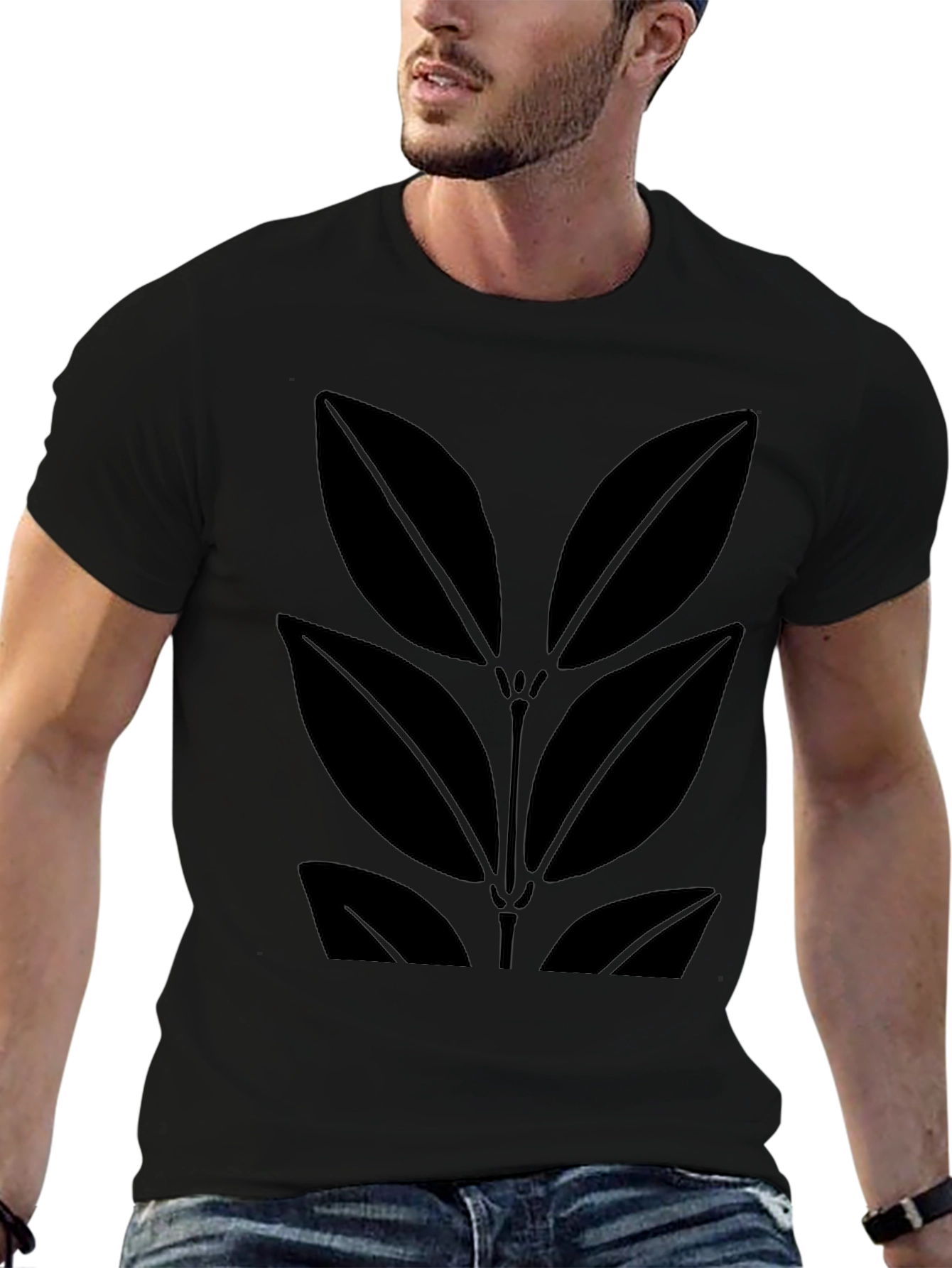 Black Leaf Print Mens T-Shirt