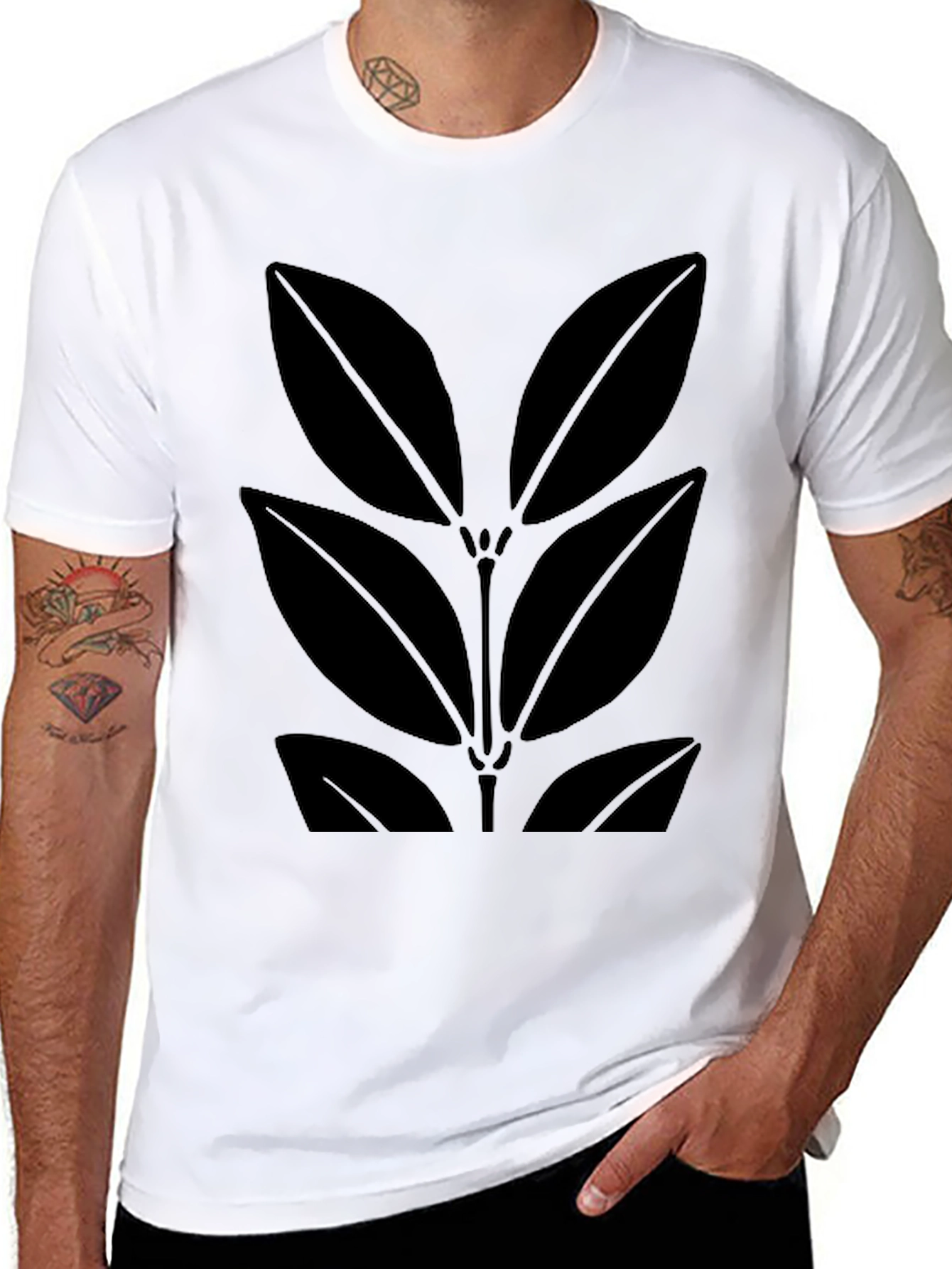 Black Leaf Print Mens T-Shirt