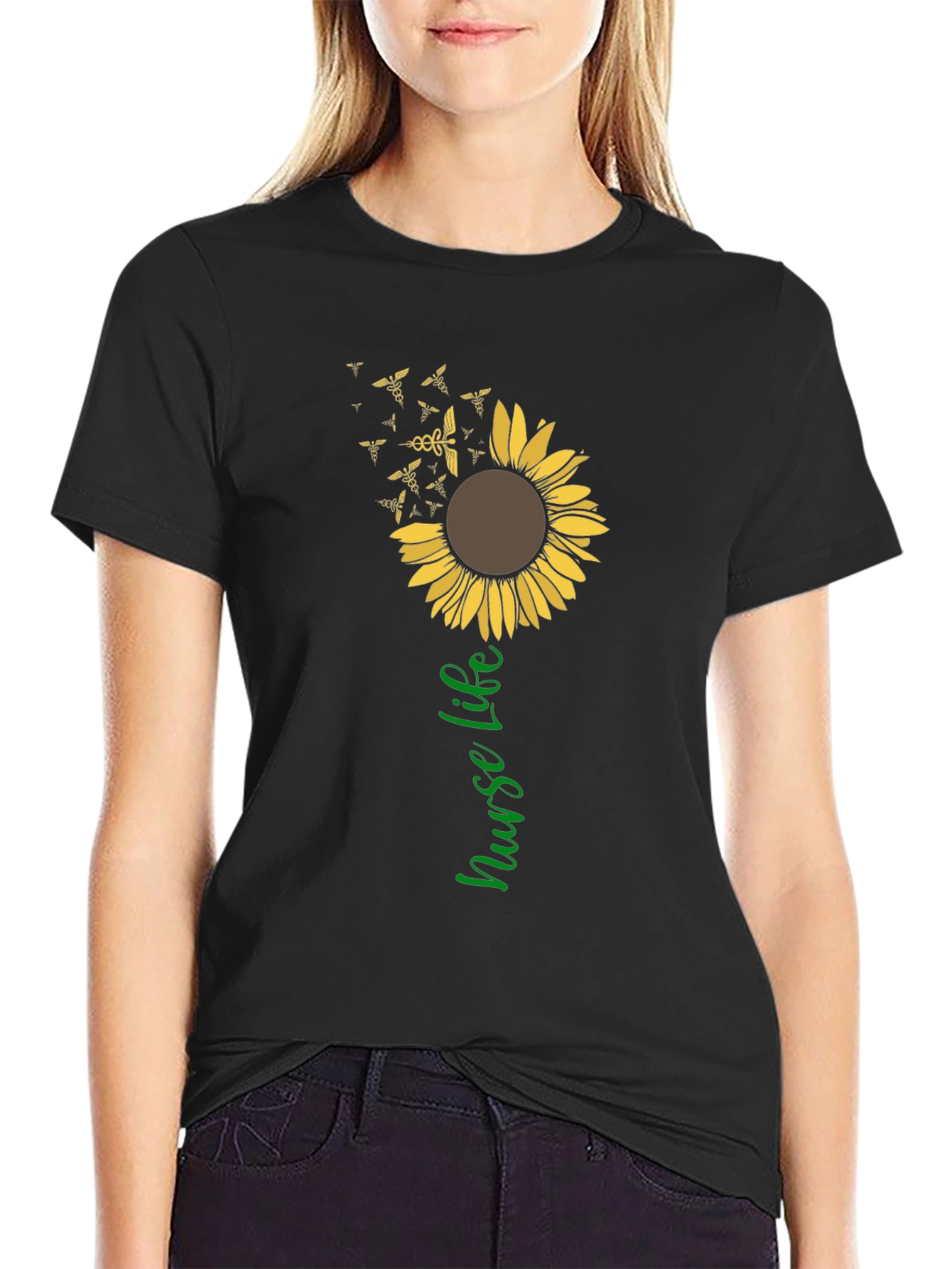 Nurse Life Sunflower Graphic T-Shirt - Black