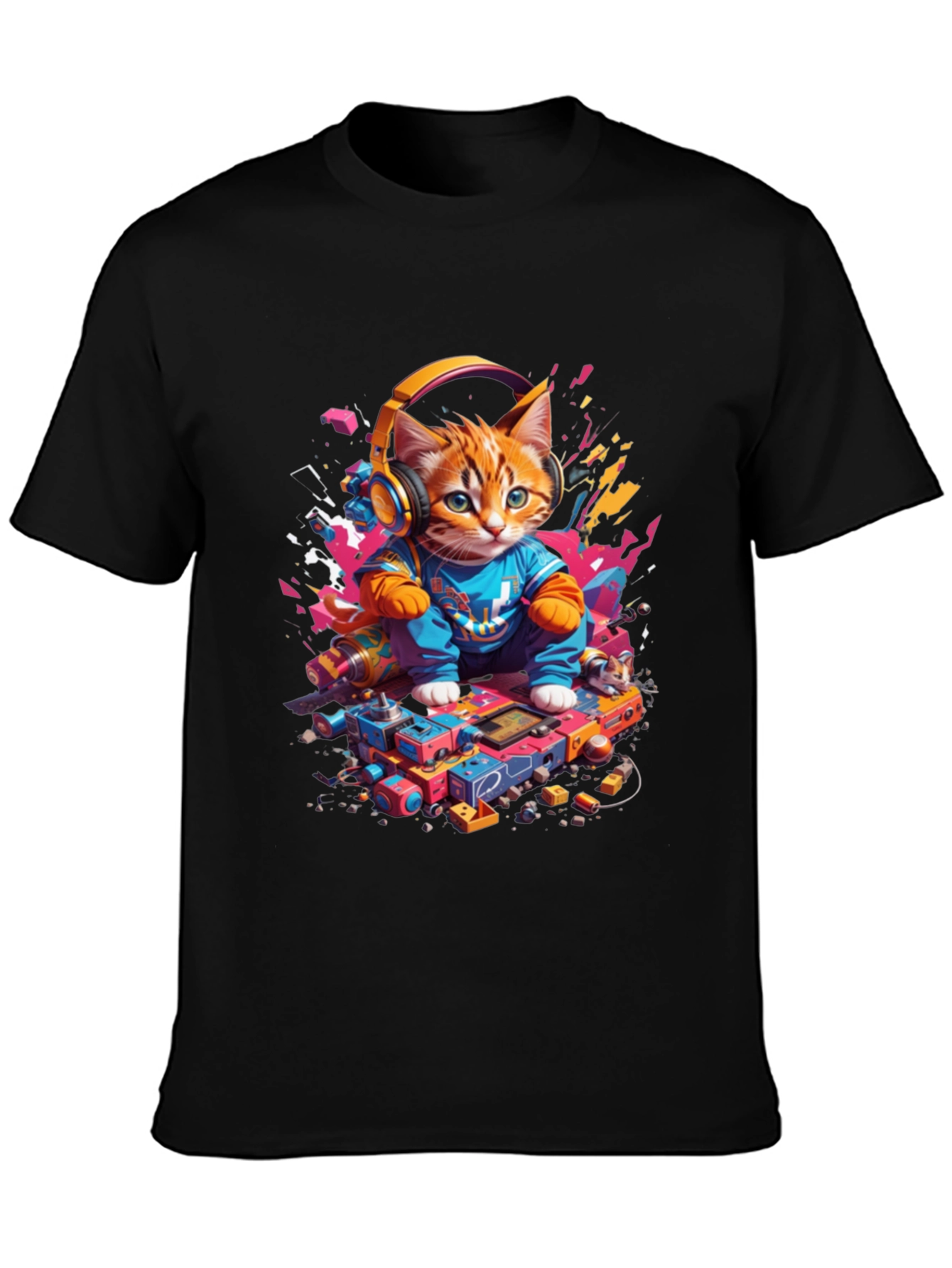 DJ Cat Graphic Tee - Cool Kitten Headphones Design