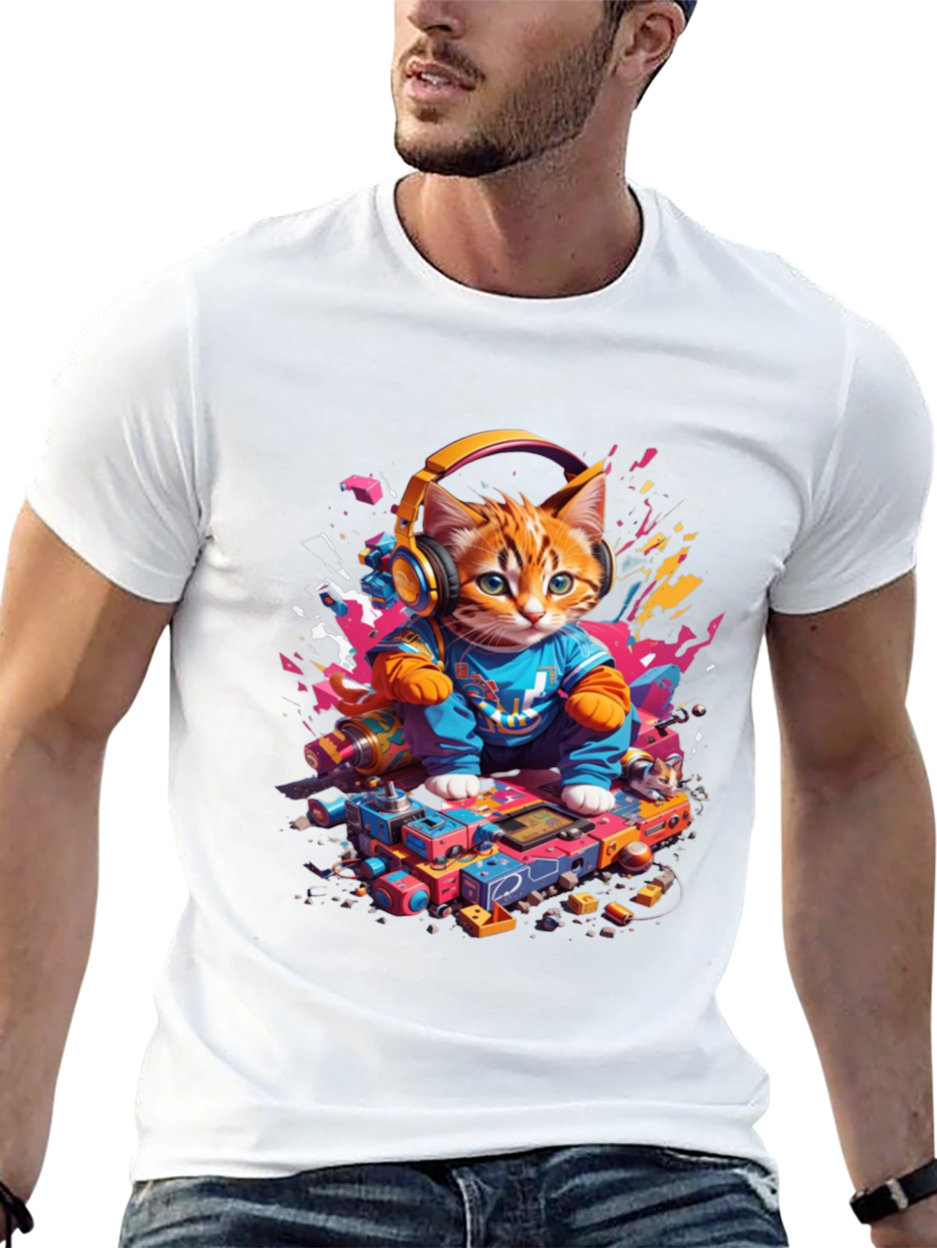 DJ Cat Graphic Tee - Cool Kitten Headphones Design