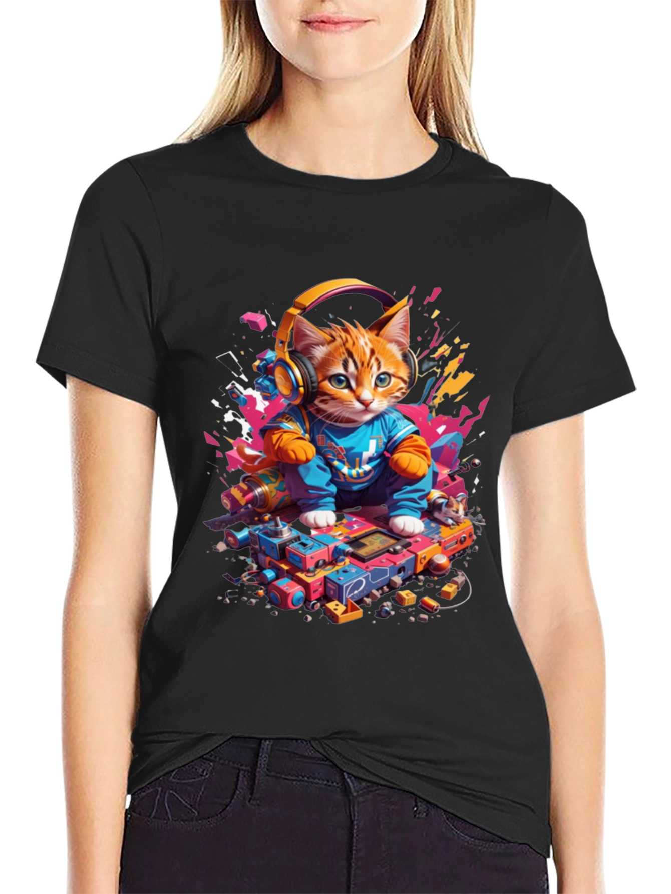 DJ Cat Graphic Tee - Cool Kitten Headphones Design