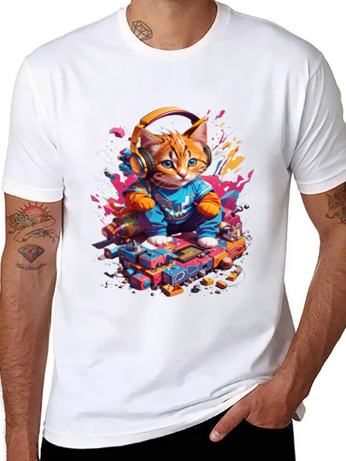 DJ Cat Graphic Tee - Cool Kitten Headphones Design