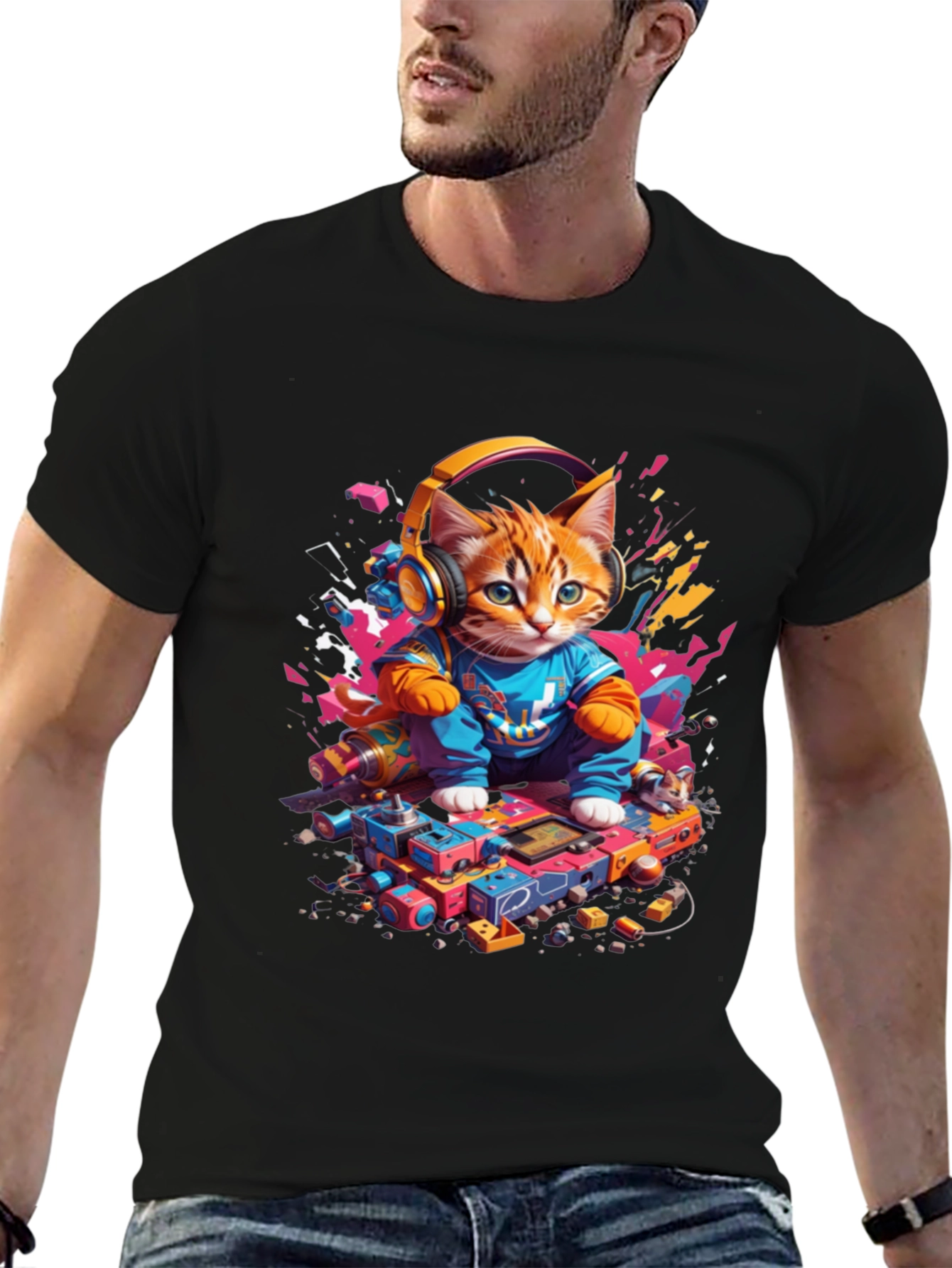 DJ Cat Graphic Tee - Cool Kitten Headphones Design