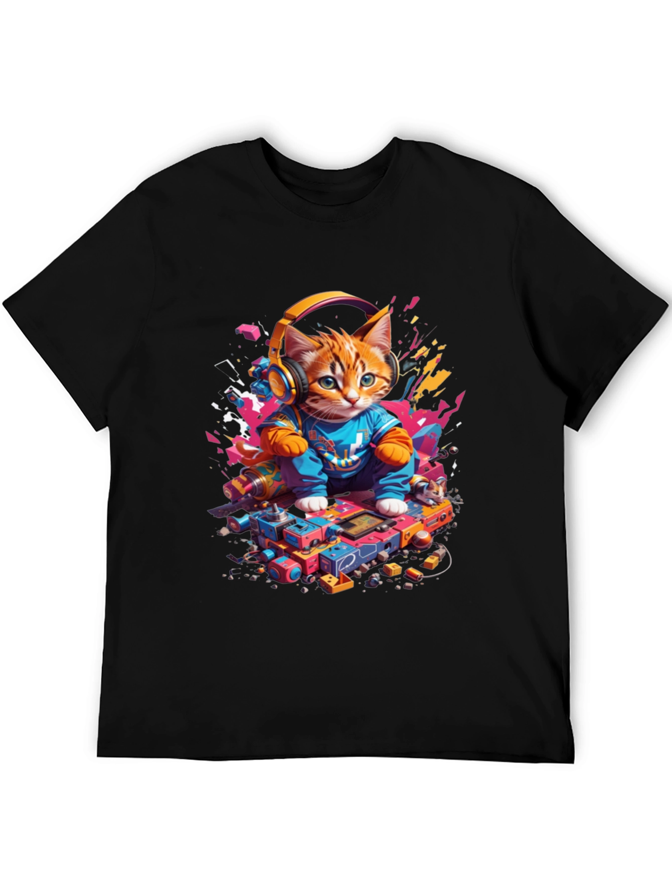 DJ Cat Graphic Tee - Cool Kitten Headphones Design