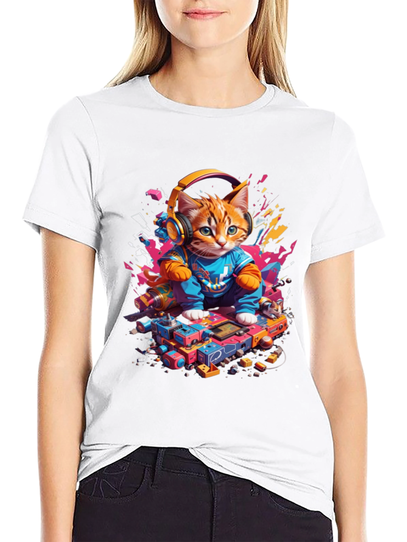 DJ Cat Graphic Tee - Cool Kitten Headphones Design