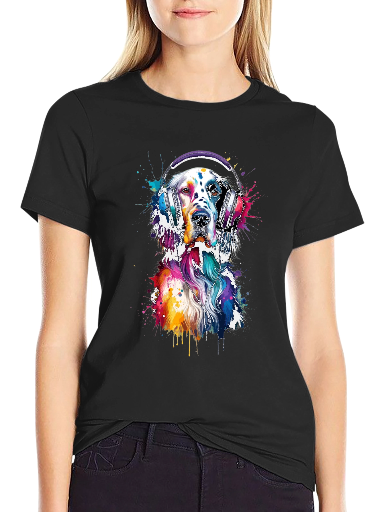 Dog with Headphones Graphic Tee - Trendy Design