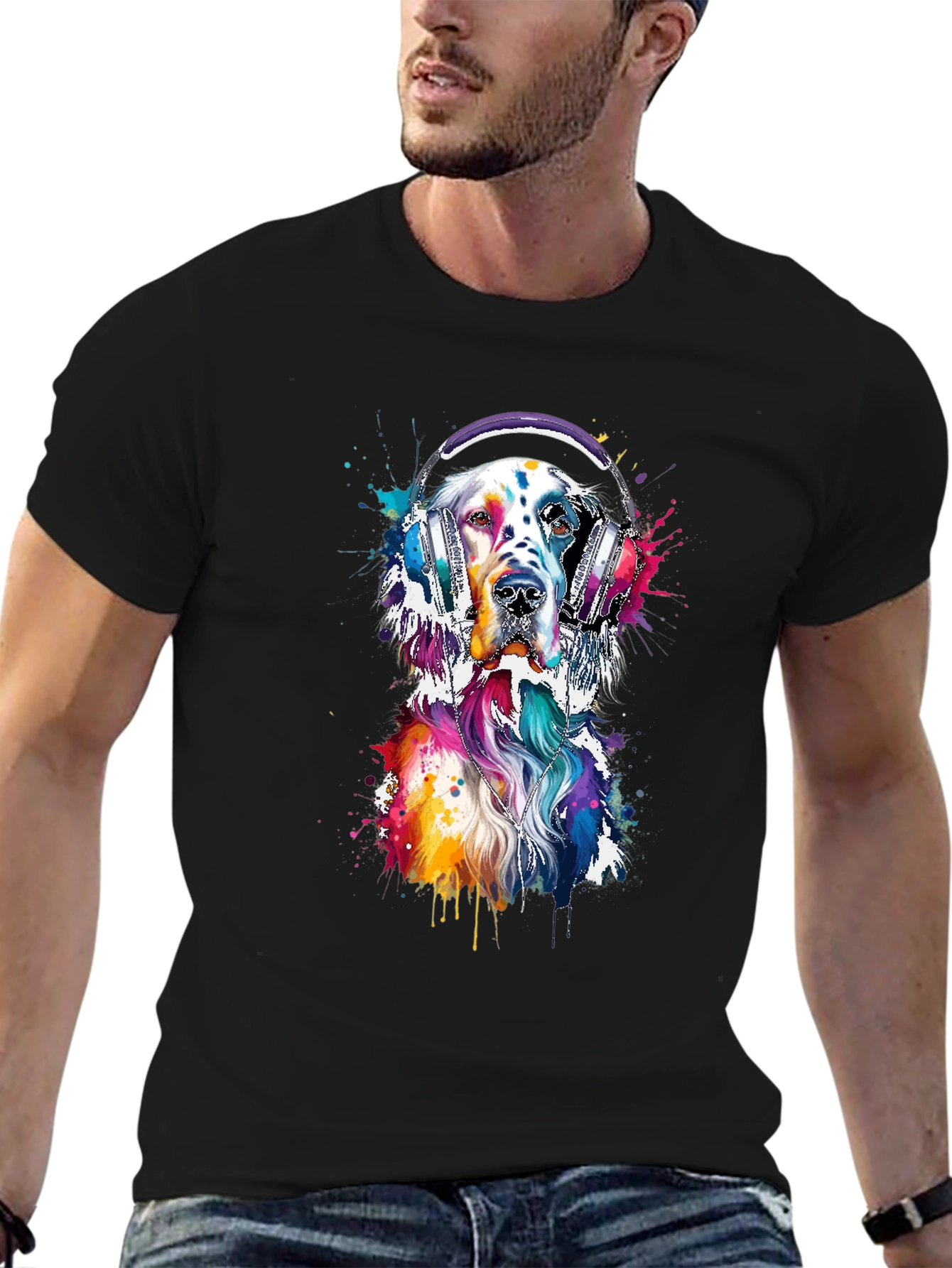 Dog with Headphones Graphic Tee - Trendy Design