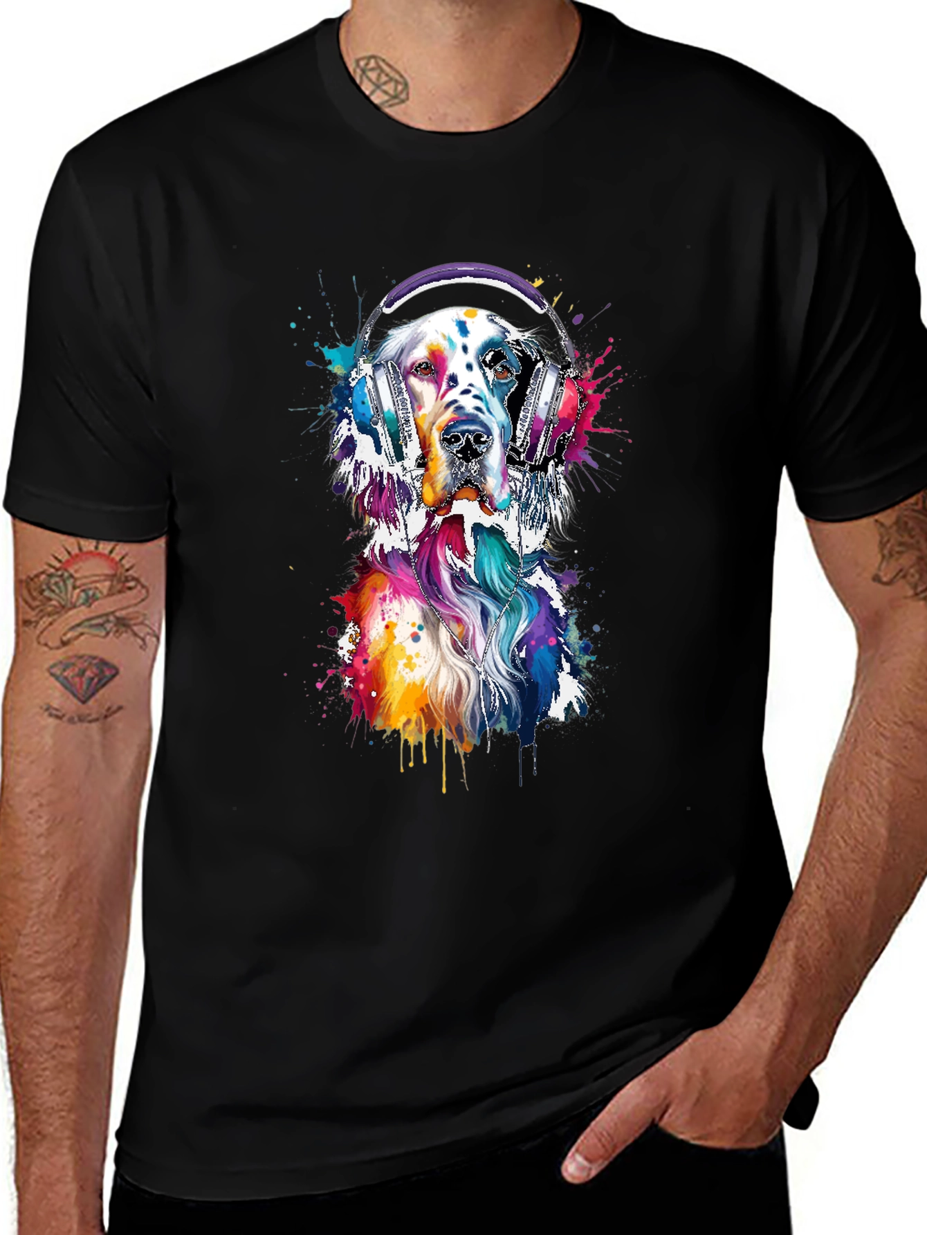 Dog with Headphones Graphic Tee - Trendy Design
