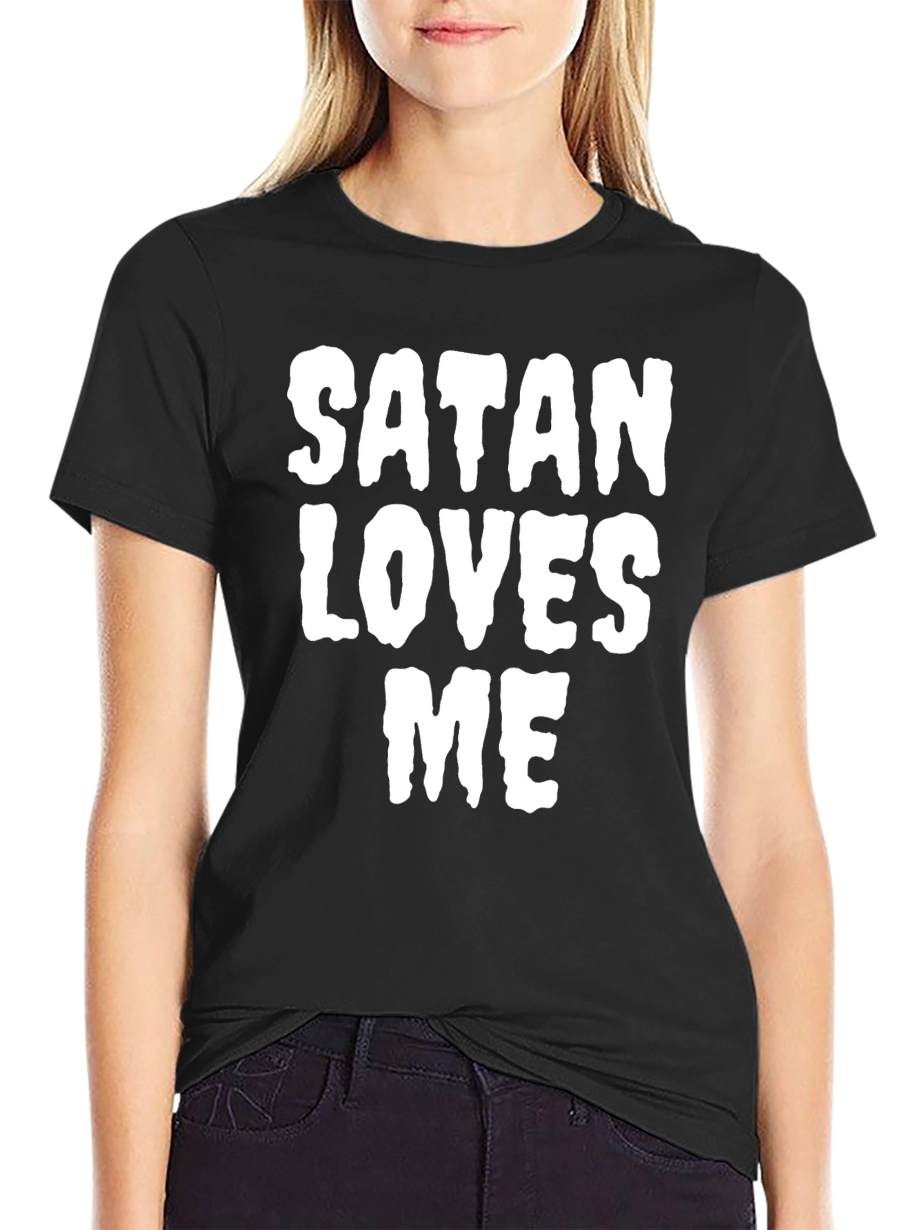 Satan Loves Me Graphic Print Tee - Black