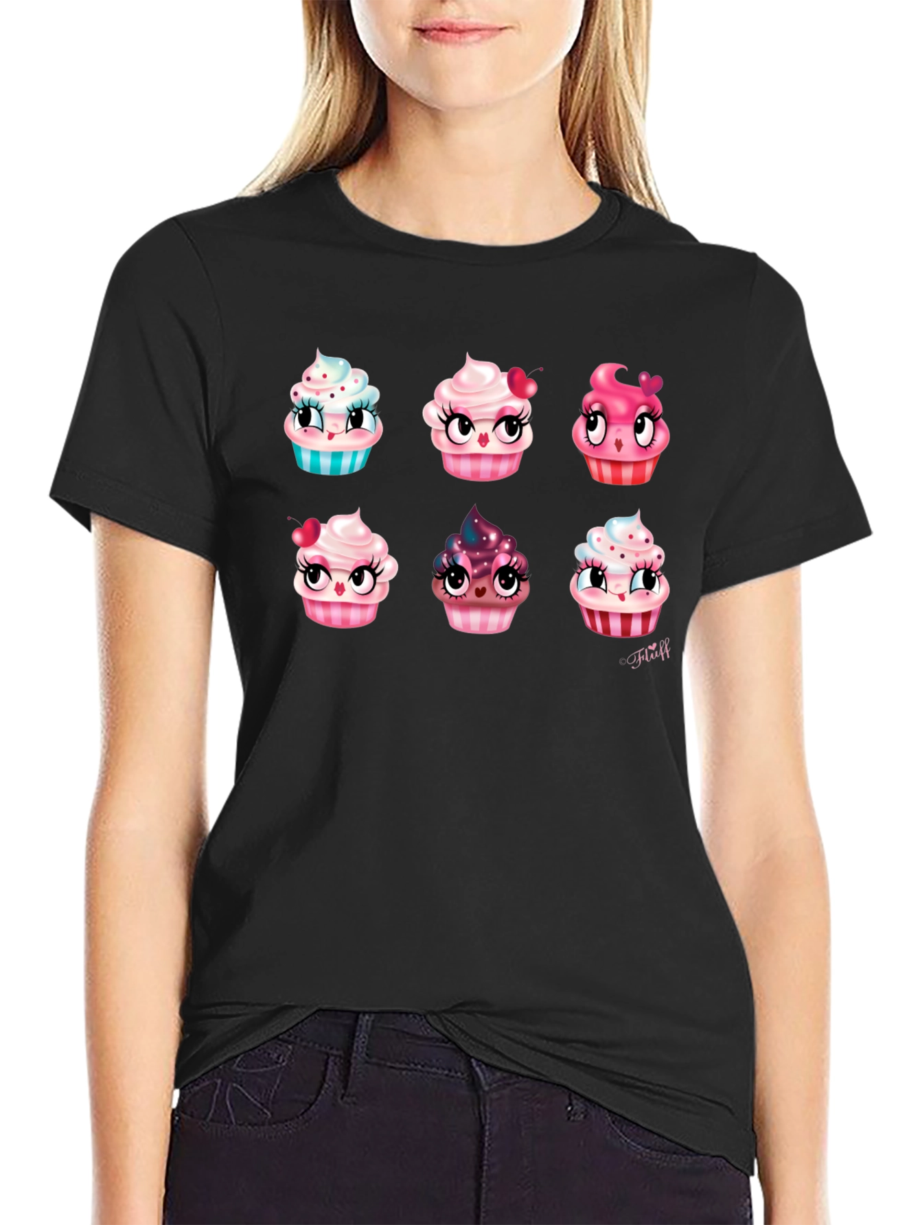 Cute Cartoon Cupcake Graphic Black T-Shirt
