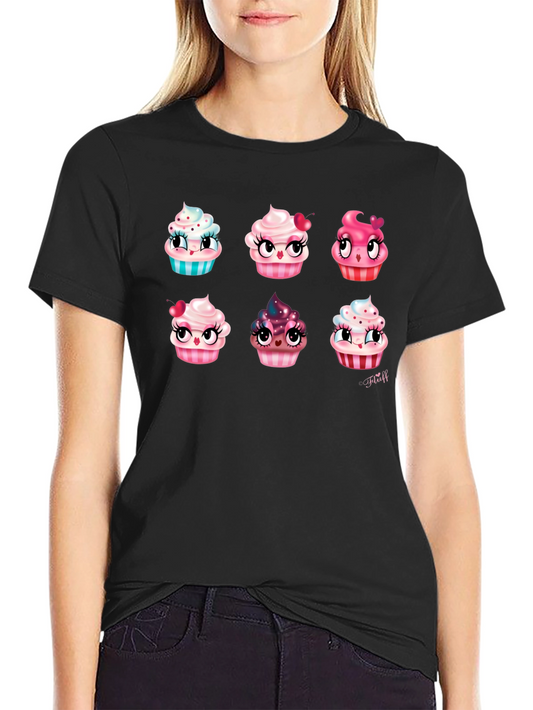 Cute Cartoon Cupcake Graphic Black T-Shirt