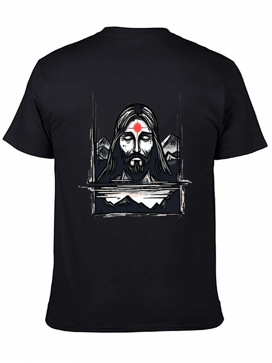 Spiritual Graphic Tee - Meditating Figure with Mountain Design