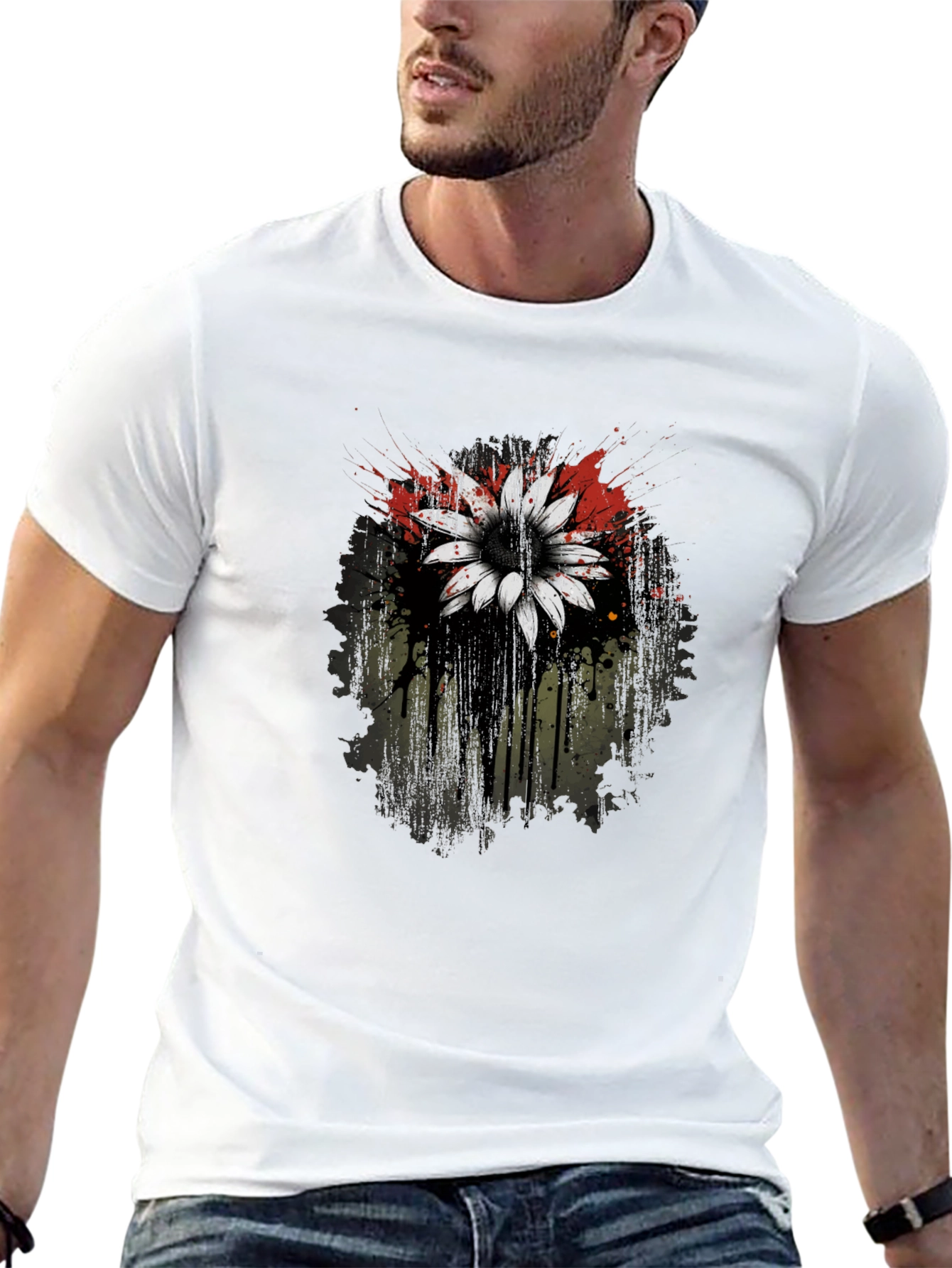 Black T-Shirt with Flower Graphic Print